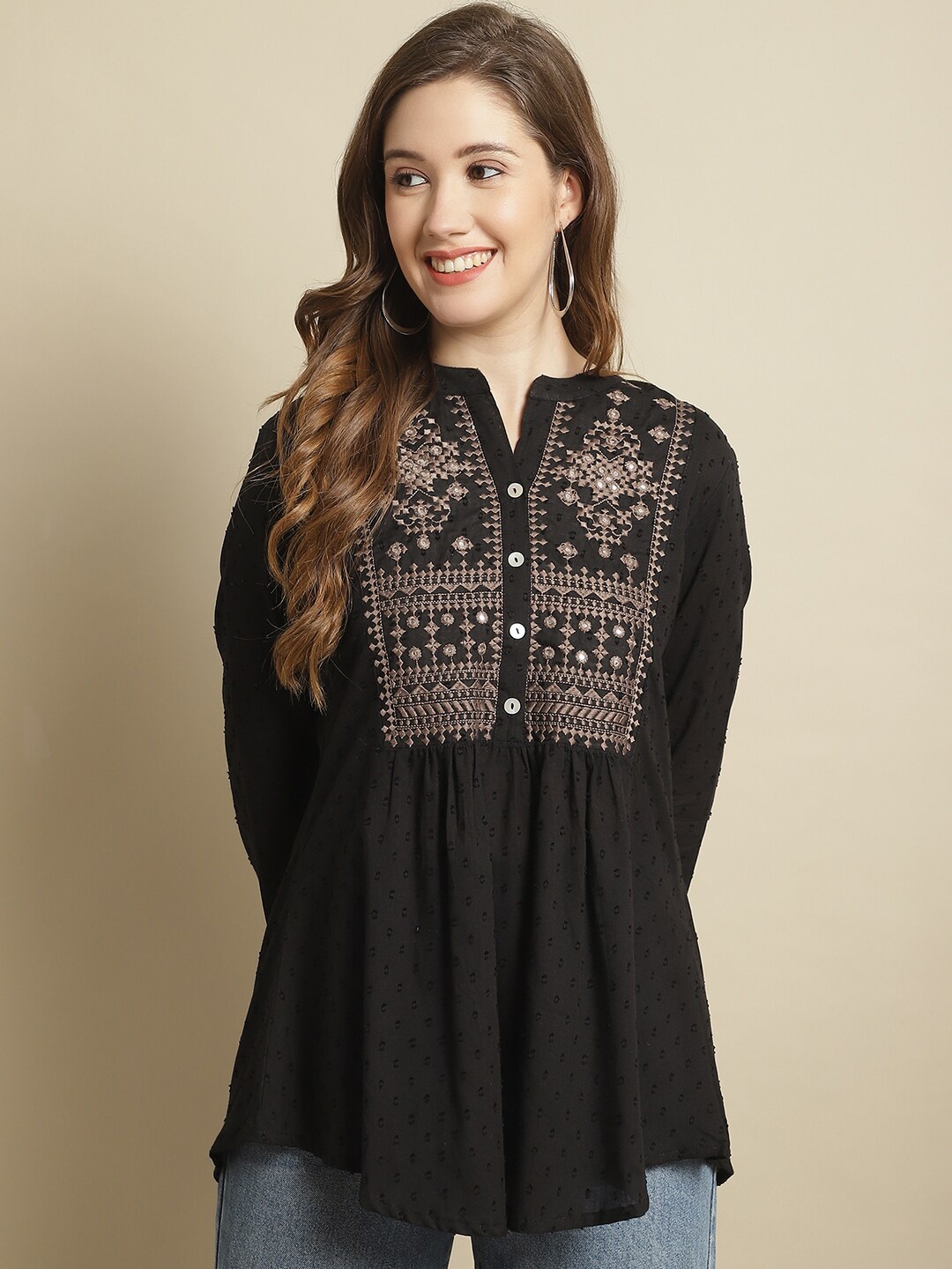 

Pistaa Mandarin Collar Ethnic Motifs Embroidered Mirror Work A-Line Kurti, Black