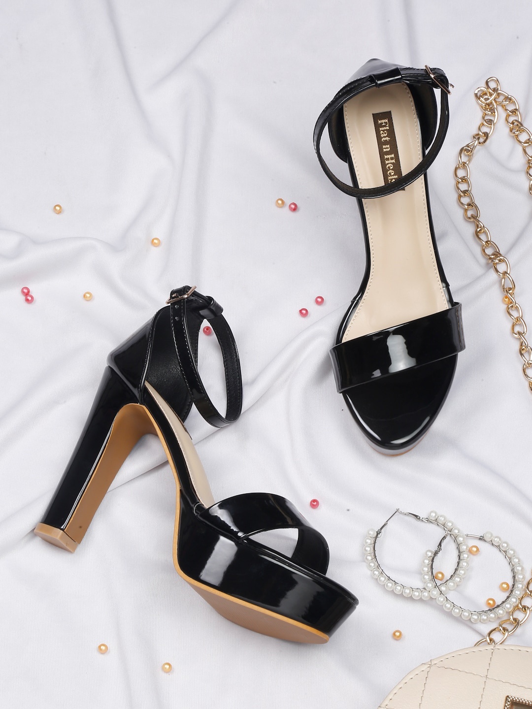 

Flat n Heels Open Toe Block Heels With Ankle Loop, Black