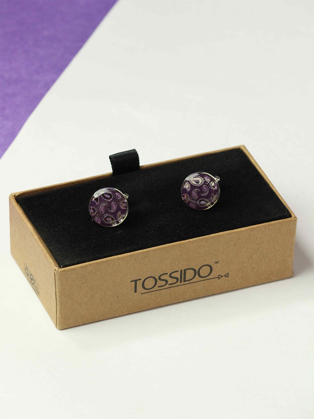 

Tossido Men Paisley Printed Round Brass Cufflink, Purple