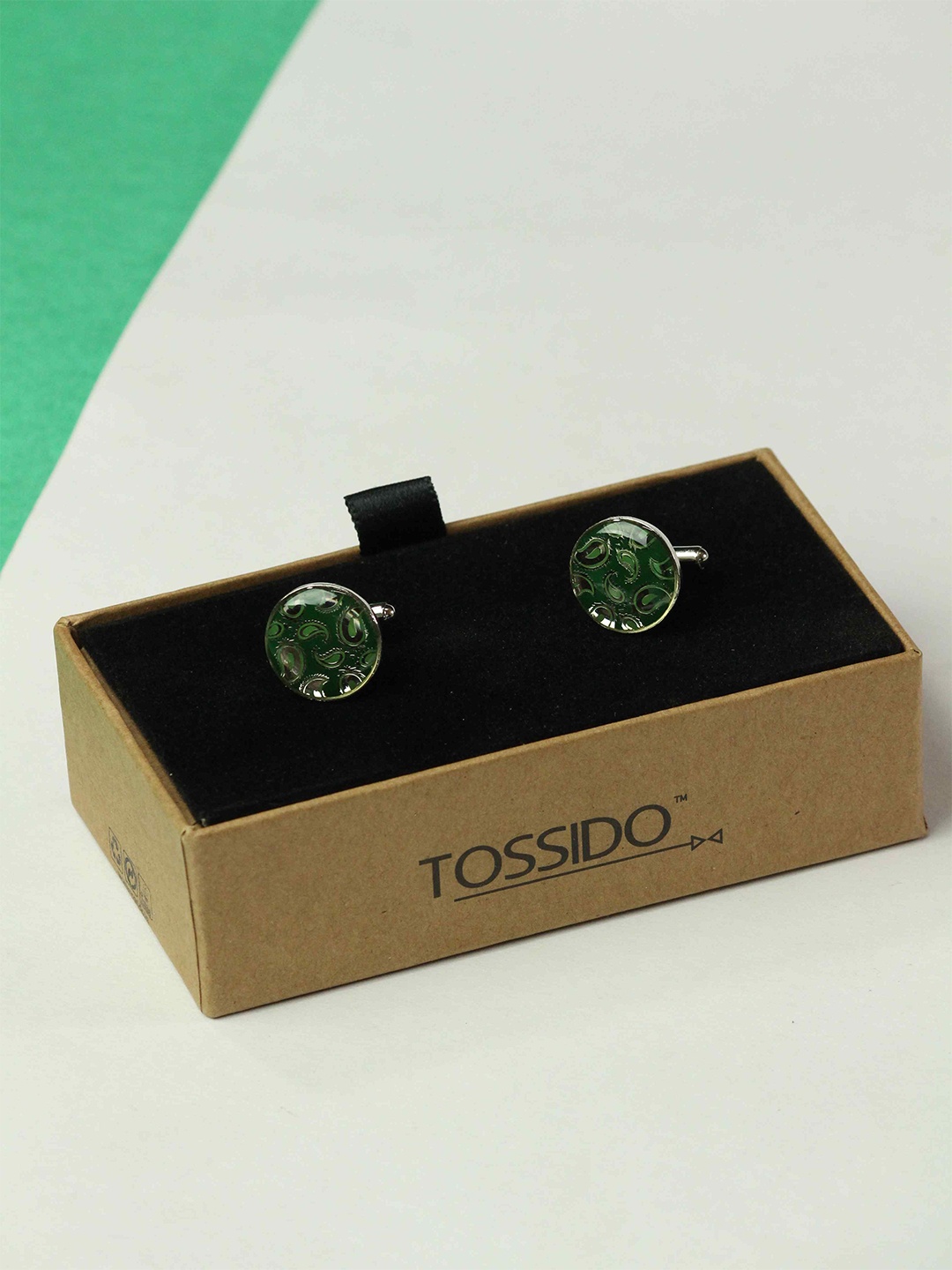 

Tossido Men Paisley Printed Round Brass Cufflink, Green