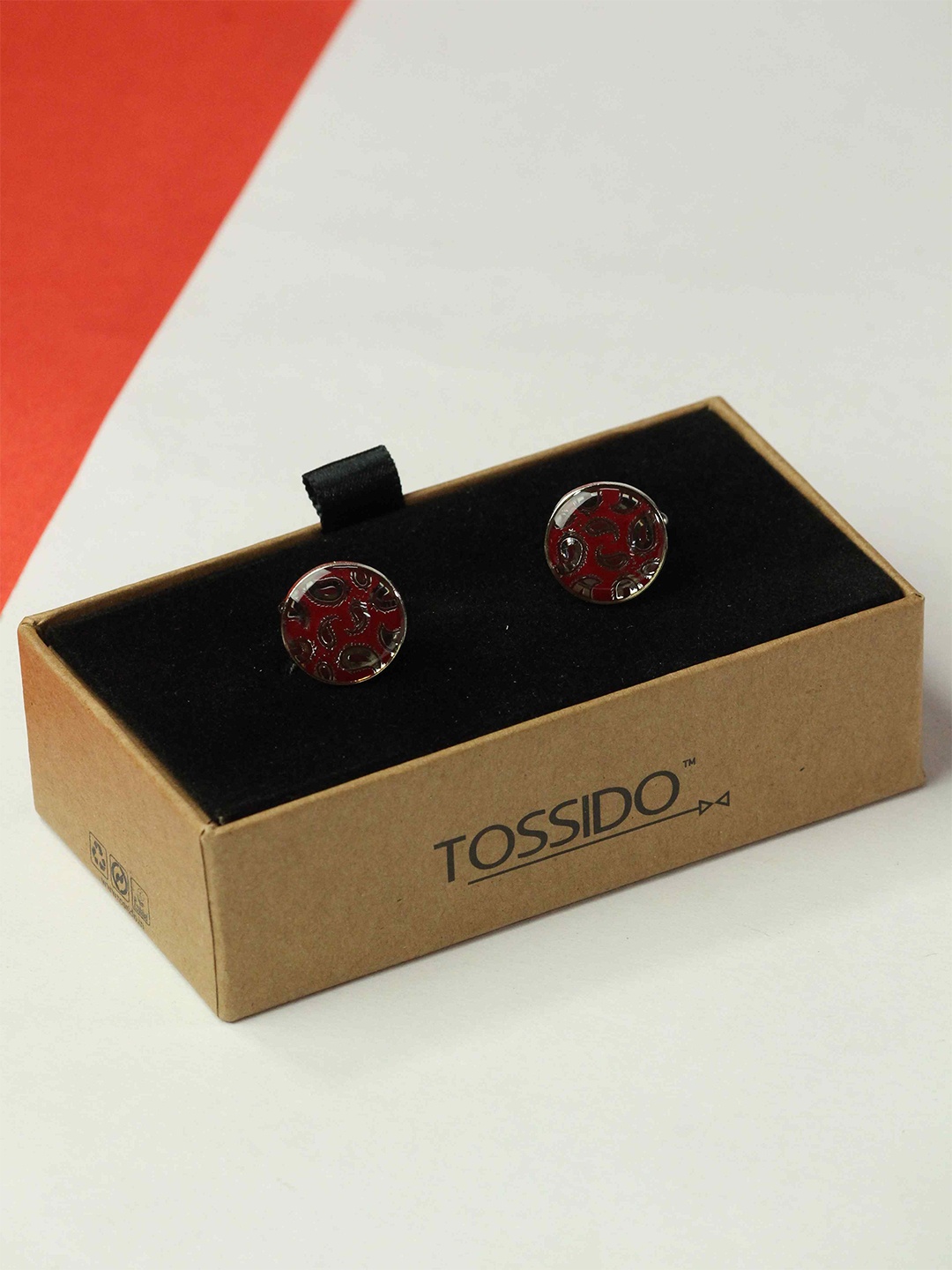 

Tossido Men Paisley Printed Round Brass Cufflink, Red