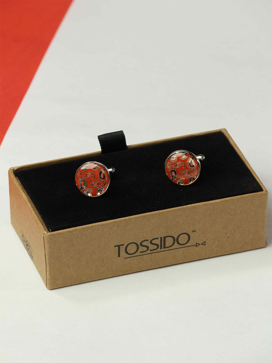 

Tossido Men Paisley Printed Round Brass Cufflink, Orange