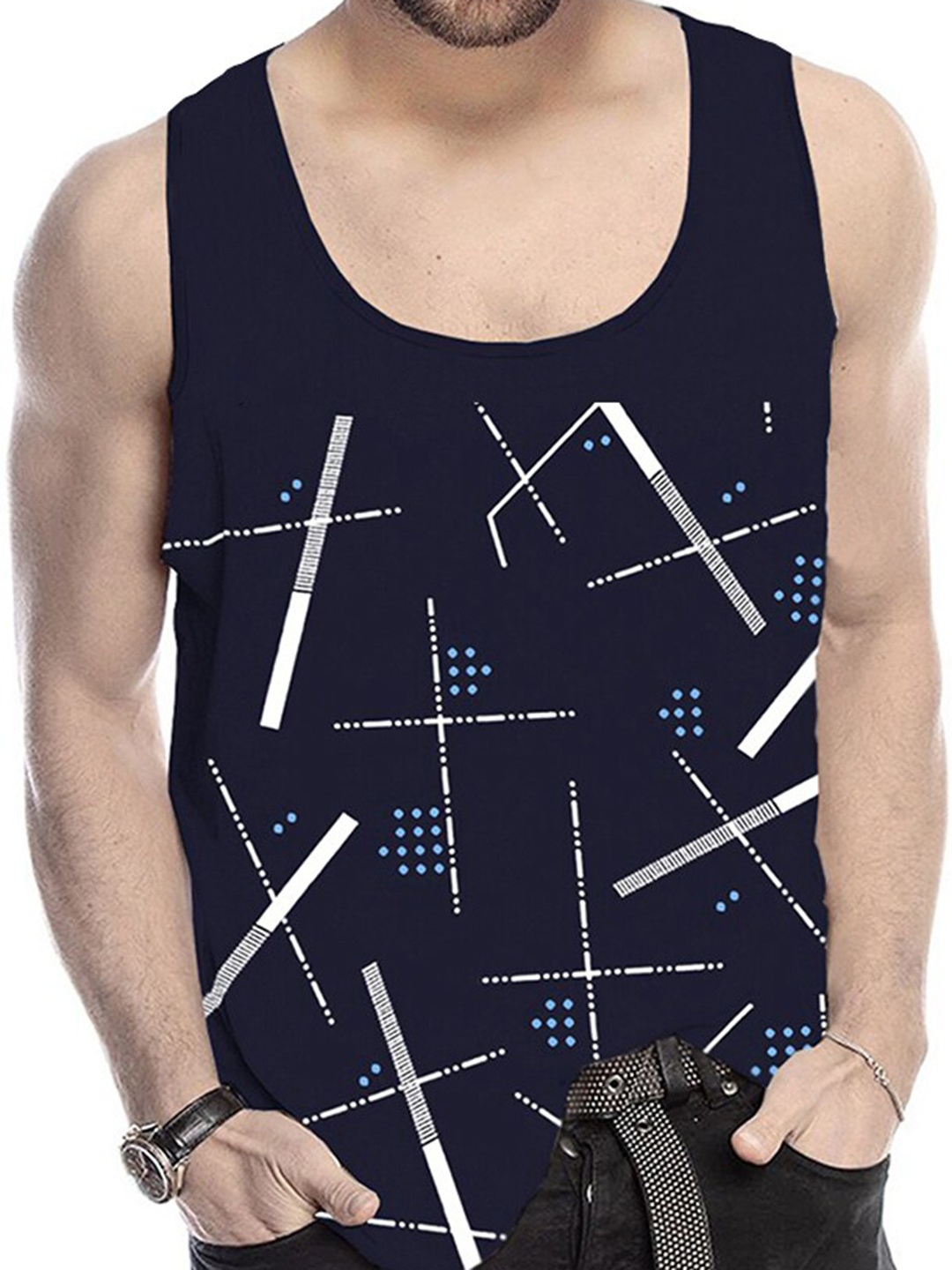 

TRIPR Men Printed Cotton Innerwear Gym Vest, Navy blue