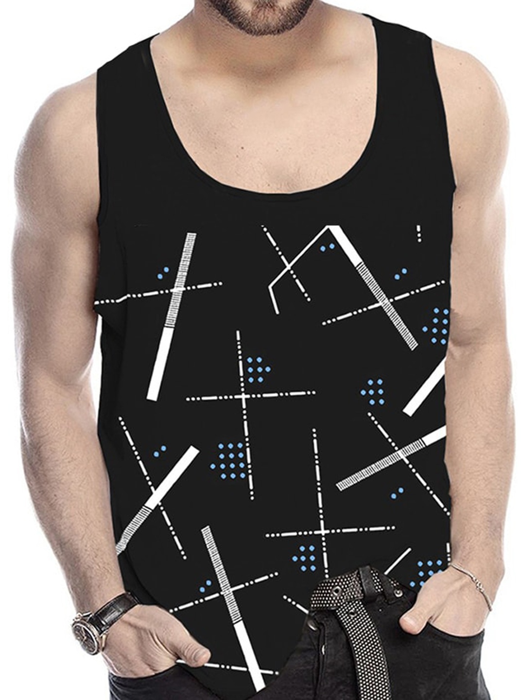

TRIPR Printed Cotton Innerwear Gym Vest, Black