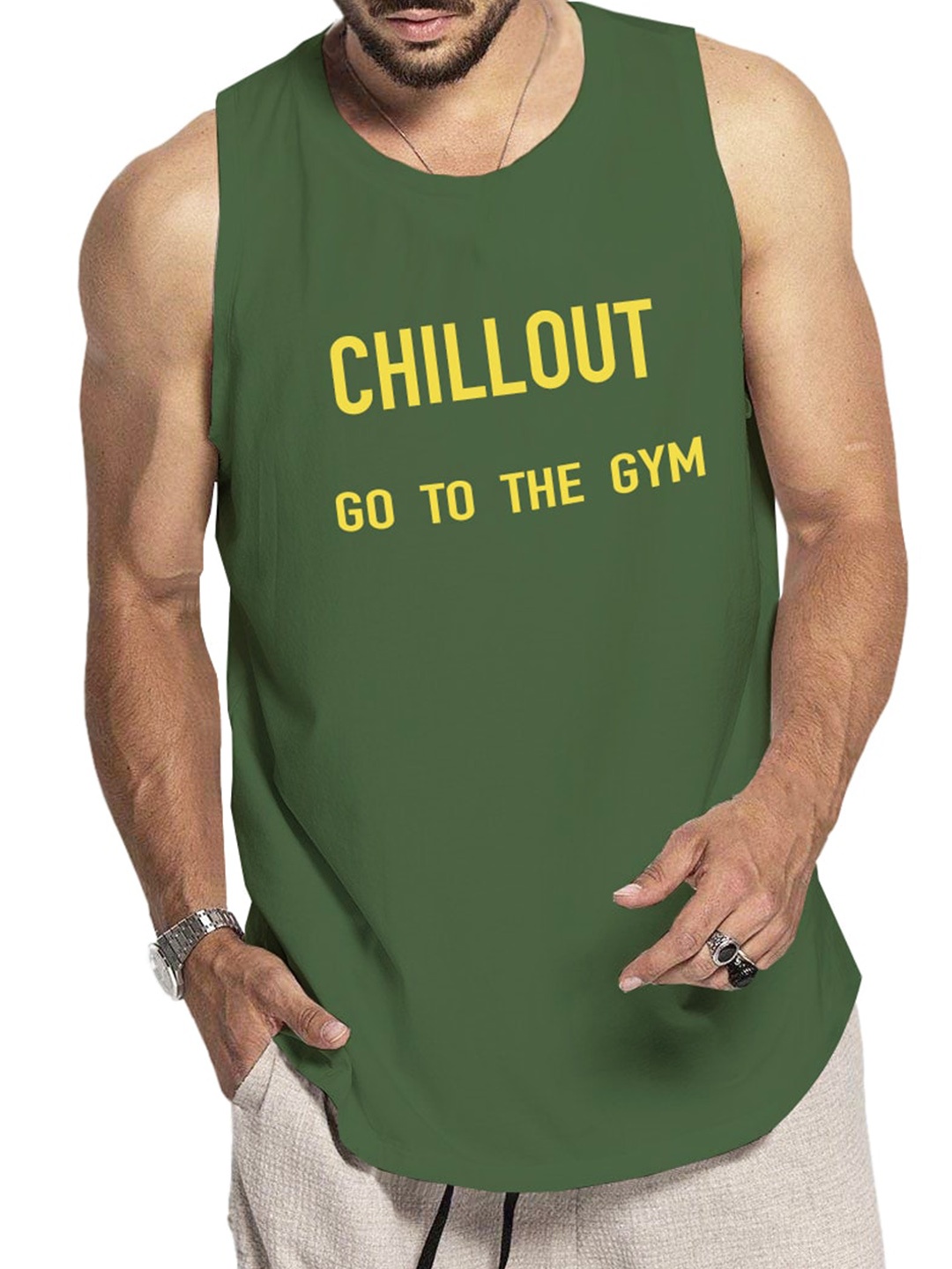 

TRIPR Printed Cotton Innerwear Gym Vest, Green