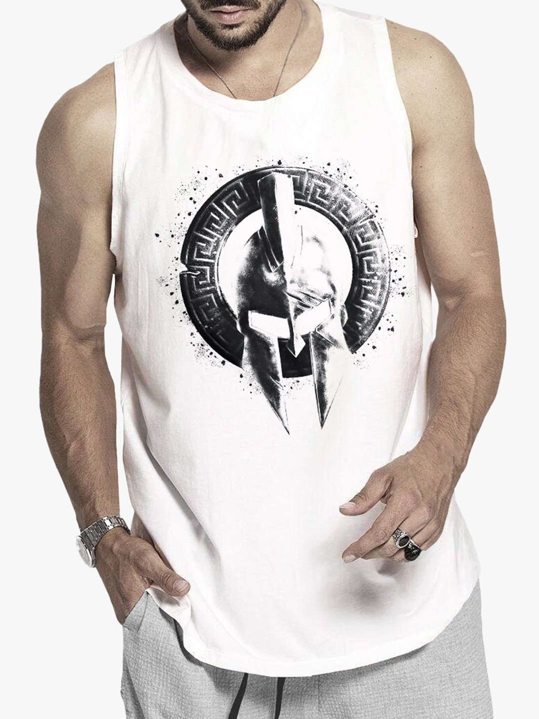 

TRIPR Printed Cotton Innerwear Gym Vest, White