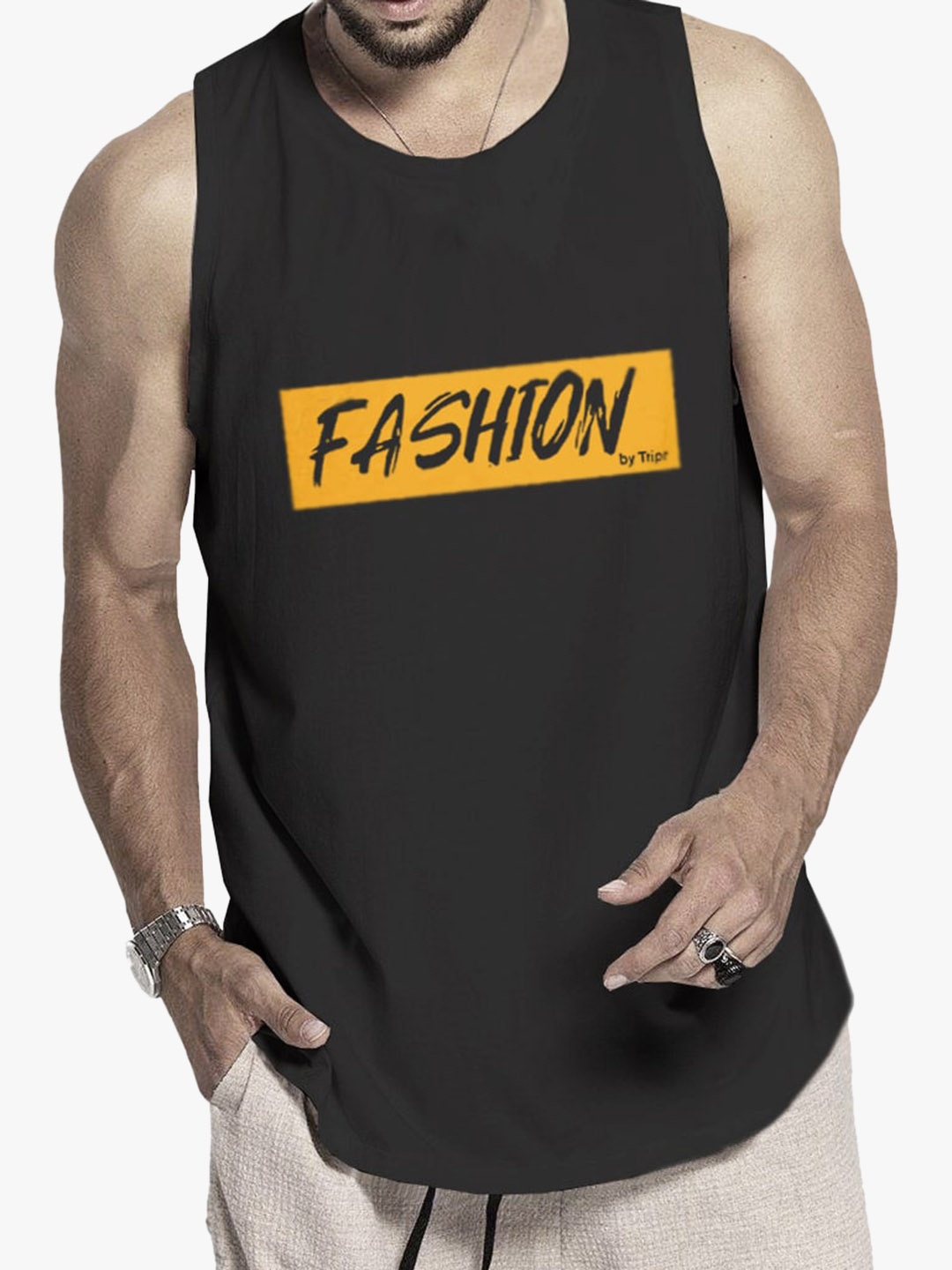 

TRIPR Printed Cotton Innerwear Gym Vest, Black