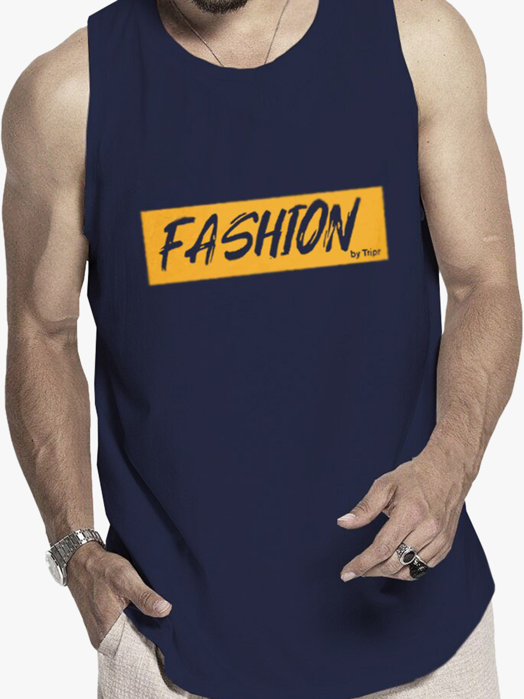 

TRIPR Printed Cotton Innerwear Gym Vest, Navy blue