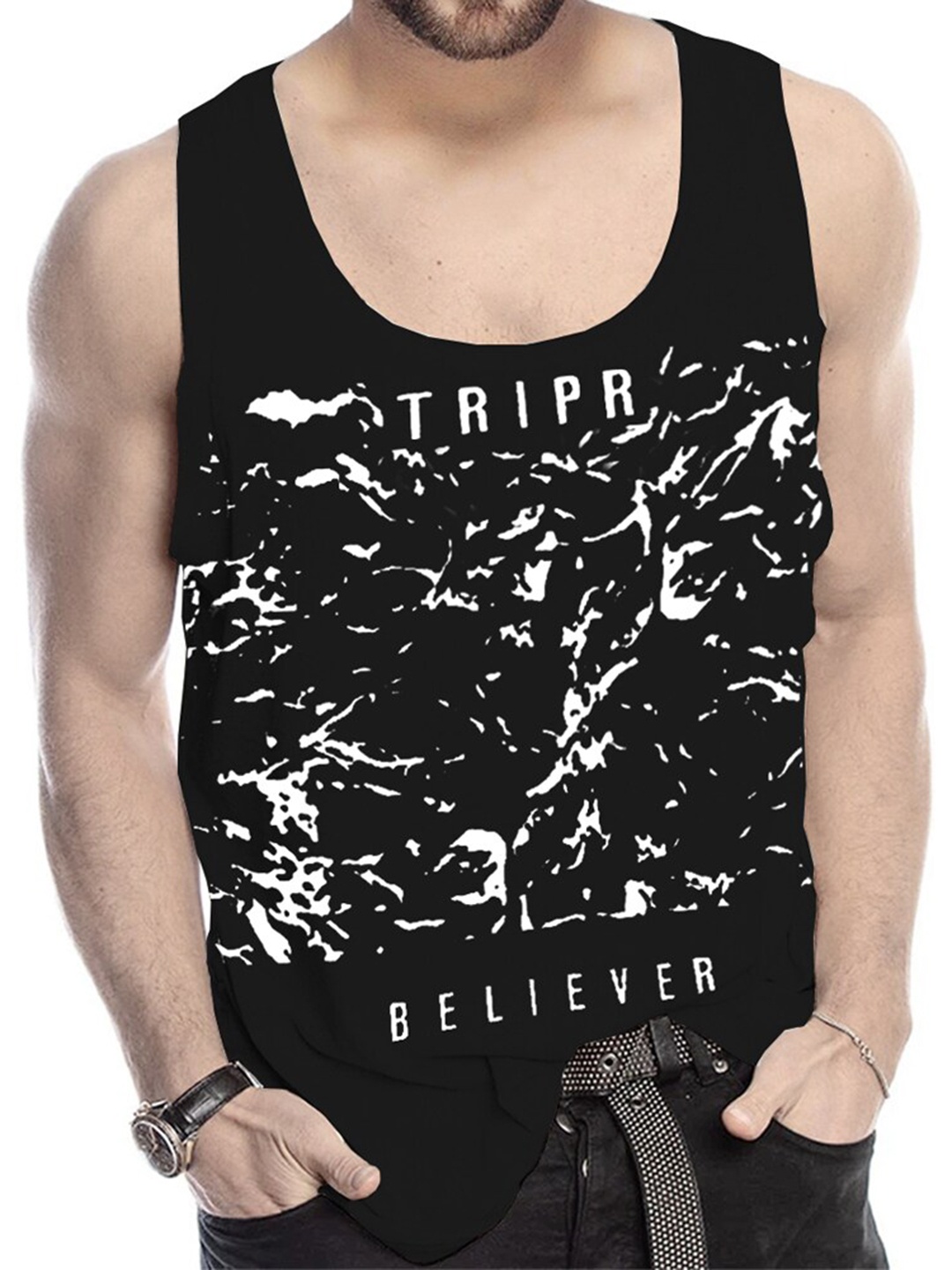 

TRIPR Printed Cotton Innerwear Gym Vest, Black