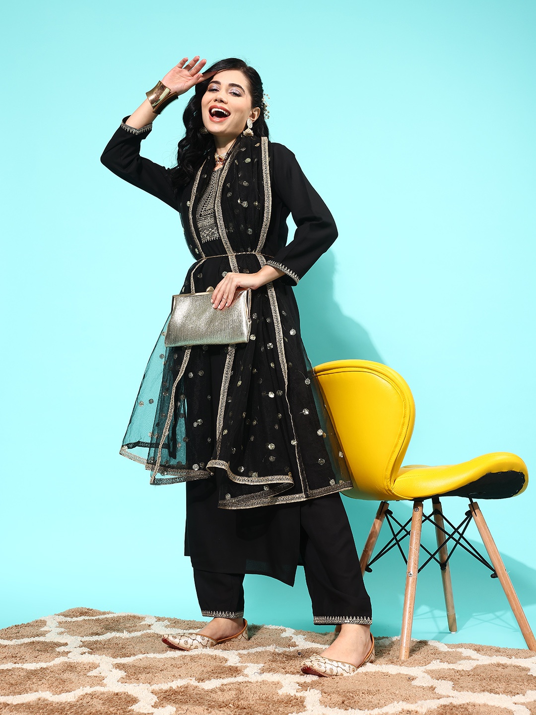 

Nayo Women Black Embroidered Regular Thread Work Kurta with Palazzos & With Dupatta
