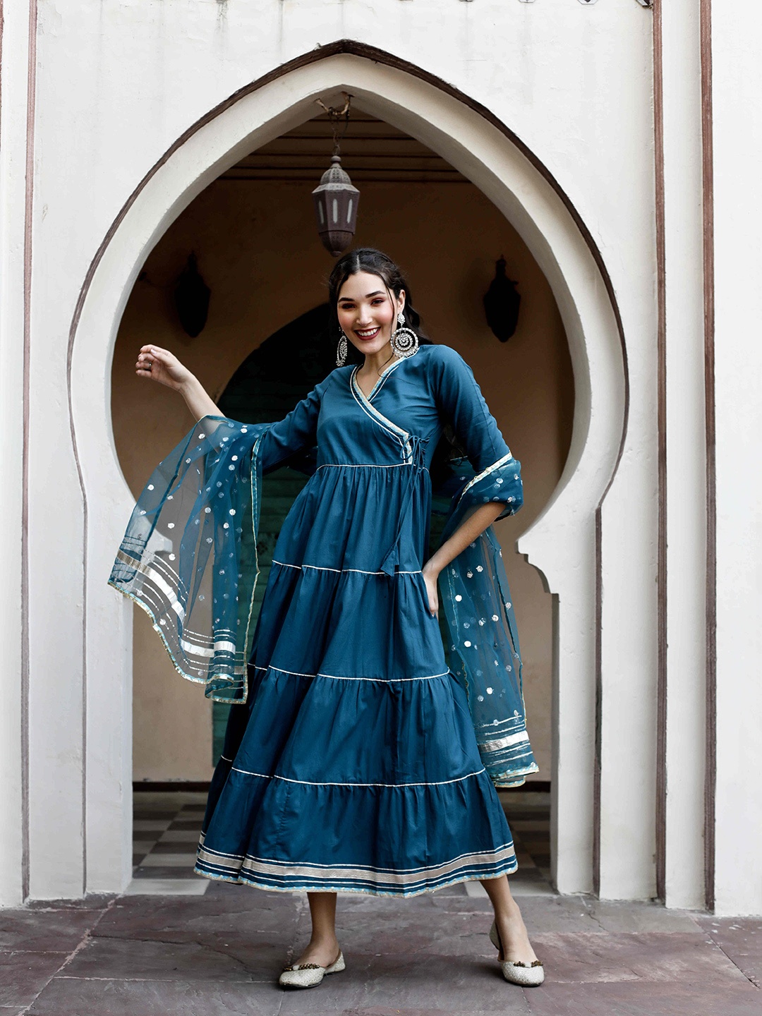 

Nayo Gathered Gown Ethnic Dress With Dupatta, Teal