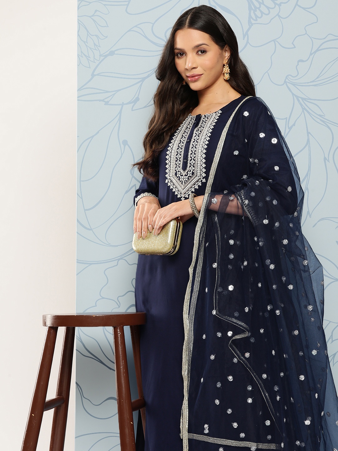 

Nayo Women Navy Blue Embroidered Regular Thread Work Kurta with Palazzos & With Dupatta