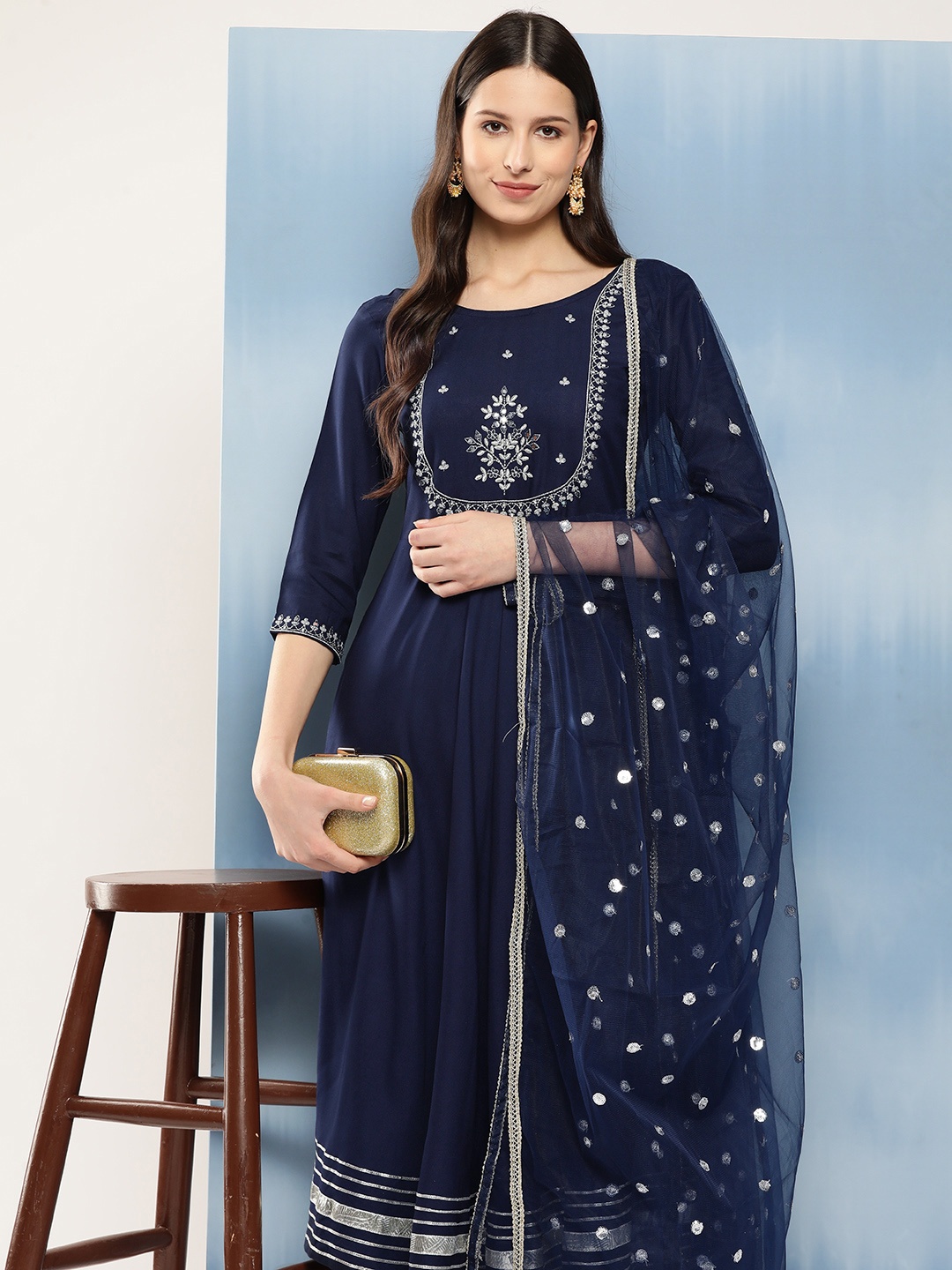 

Nayo Women Floral Embroidered Regular Kurta with Trousers & With Dupatta, Navy blue
