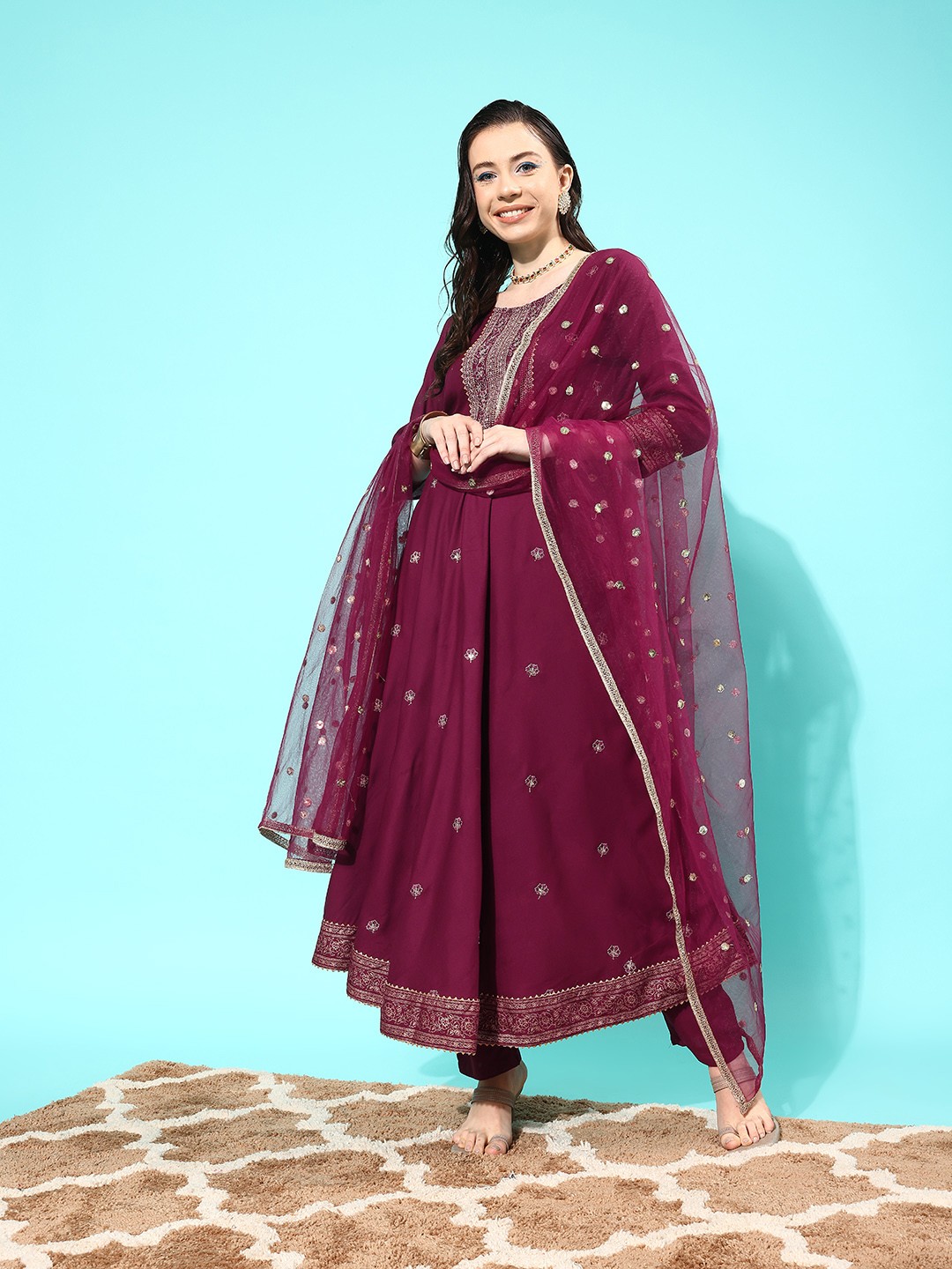 

Nayo Women Burgundy Embroidered Regular Thread Work Kurta with Trousers & With Dupatta