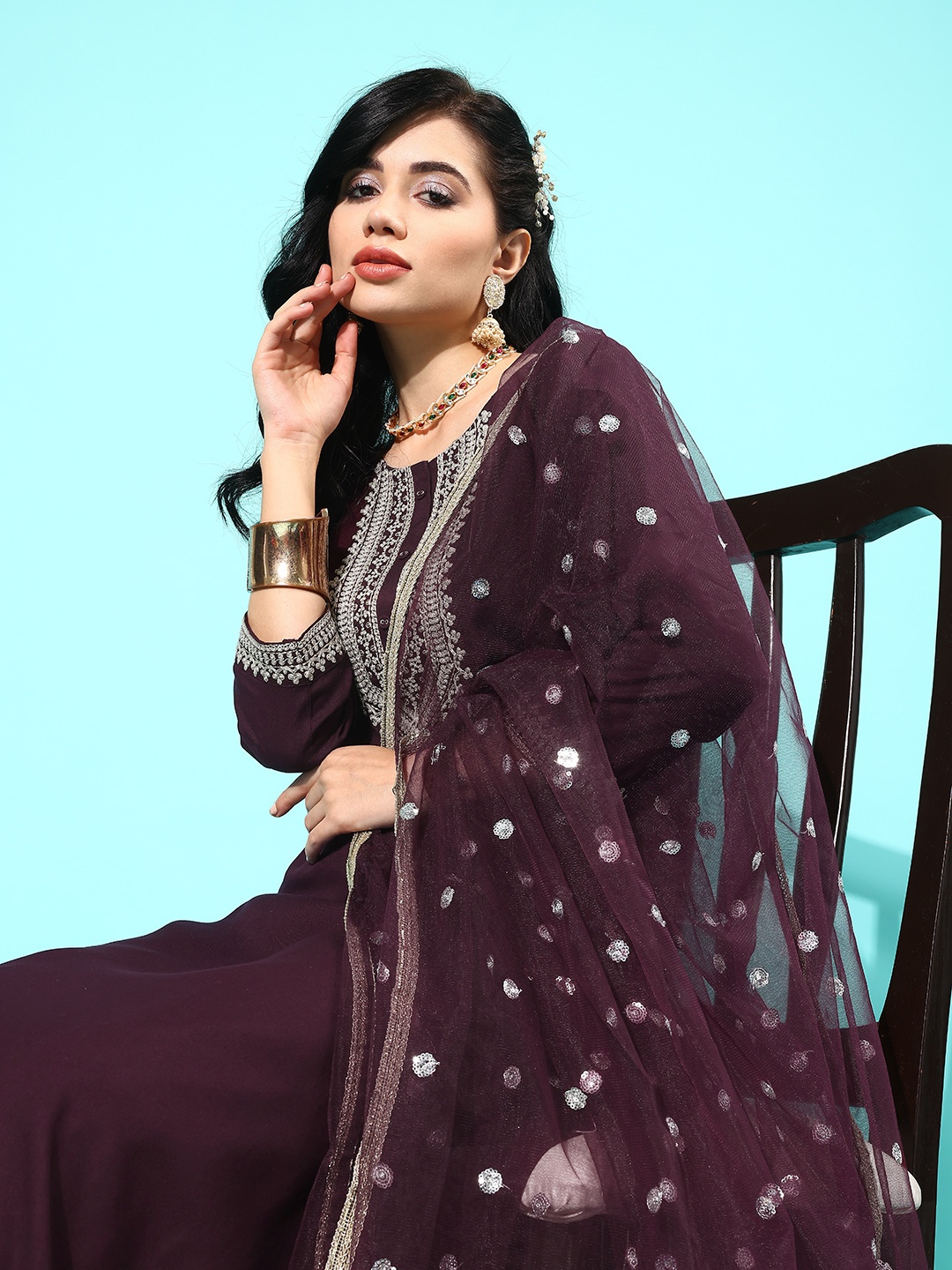 

Nayo Women Yoke Design Regular Kurta with Palazzos & With Dupatta, Burgundy