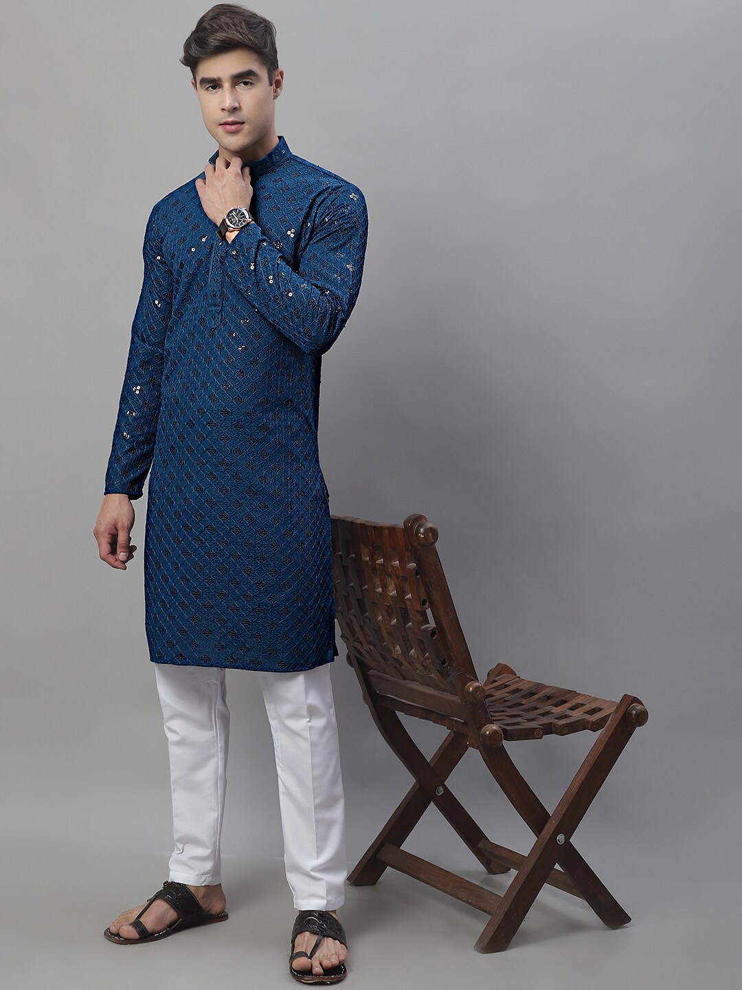 

Jompers Geometric Chikankari Embroidered Kurta With Pyjamas, Blue