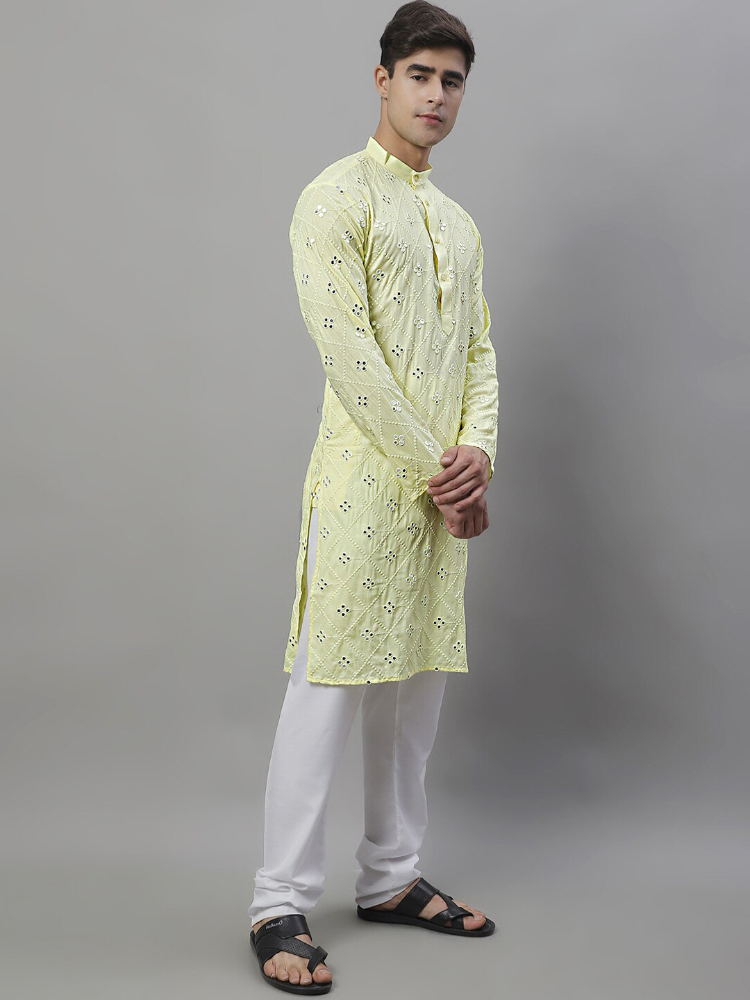 

Jompers Geometric Embroidered Mirror Work Pure Cotton Kurta With Pyjamas, Yellow