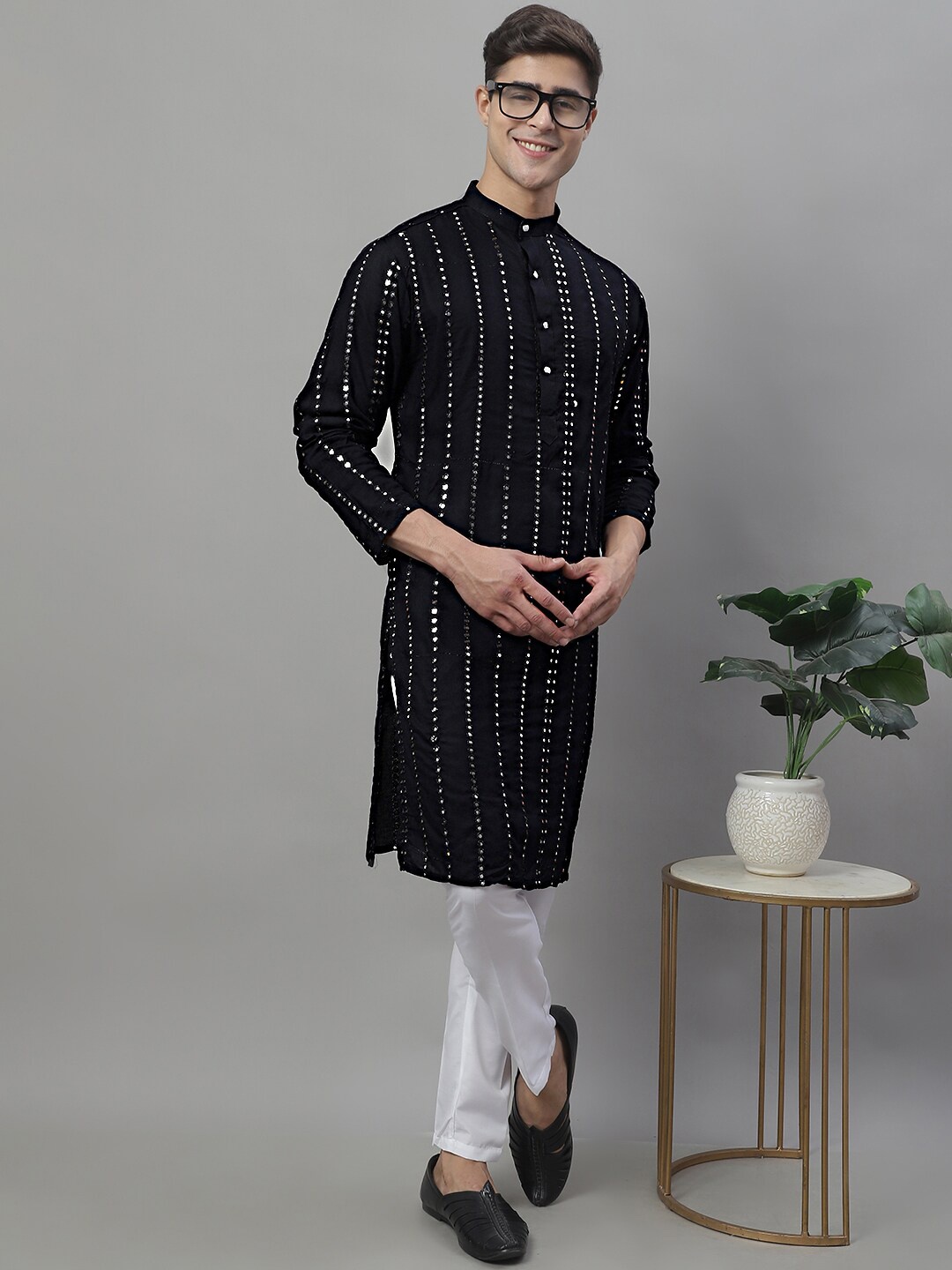 

Jompers Striped Embroidered Regular Mirror Work Kurta With Pyjamas, Black