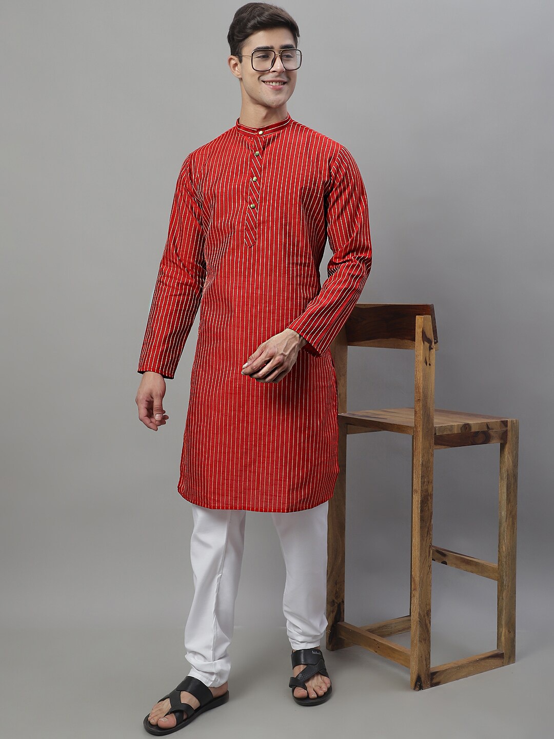 

Jompers Striped Embroidered Thread Work Kurta With Churidar, Maroon