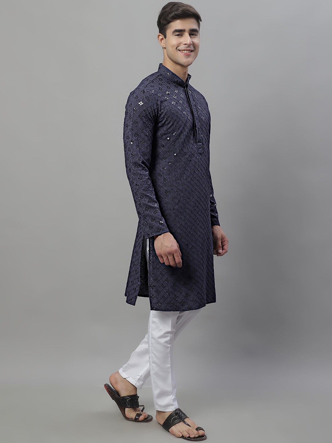 

Jompers Ethnic Motifs Chikankari Embroidered Kurta With Pyjamas, Grey