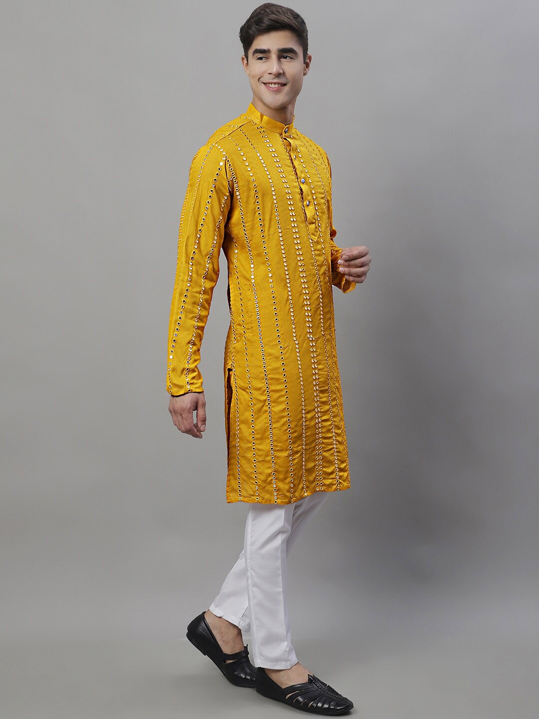 

Jompers Striped Embroidered Mirror Work Kurta With Pyjamas, Mustard
