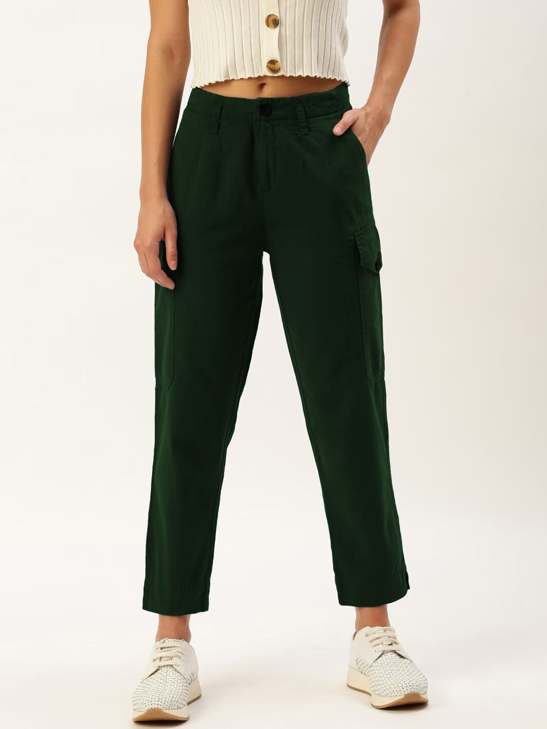 

IVOC Women Mid-Rise Pure Cotton Cargo Trousers, Green