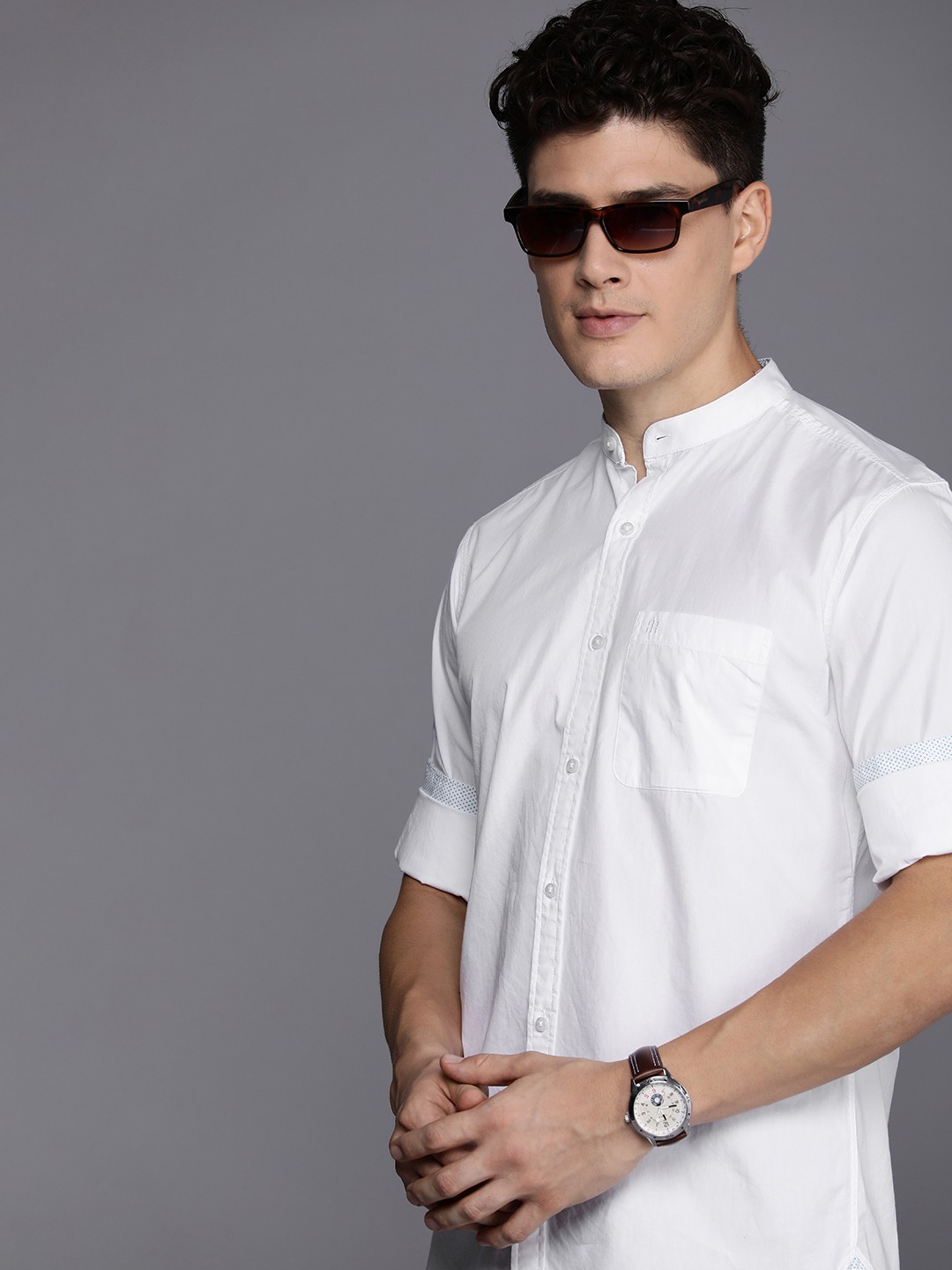 

Raymond Solid Mandarin-Collar Slim Fit Pure Cotton Casual Shirt, White