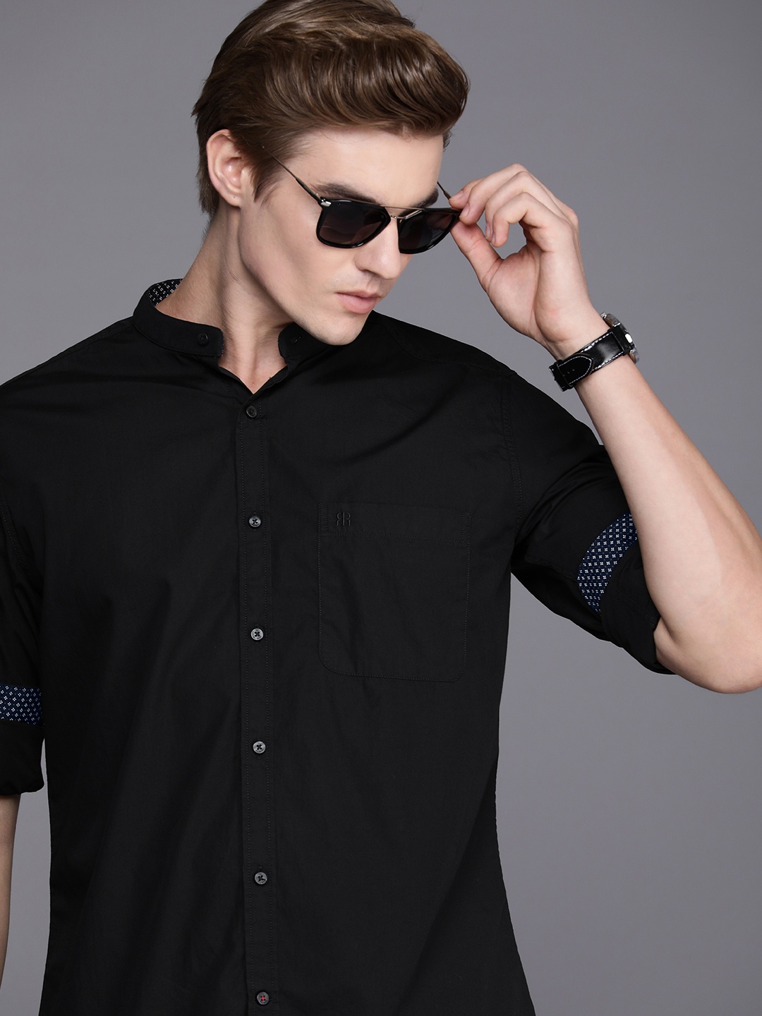 

Raymond Solid Mandarin-Collar Slim Fit Pure Cotton Casual Shirt, Black