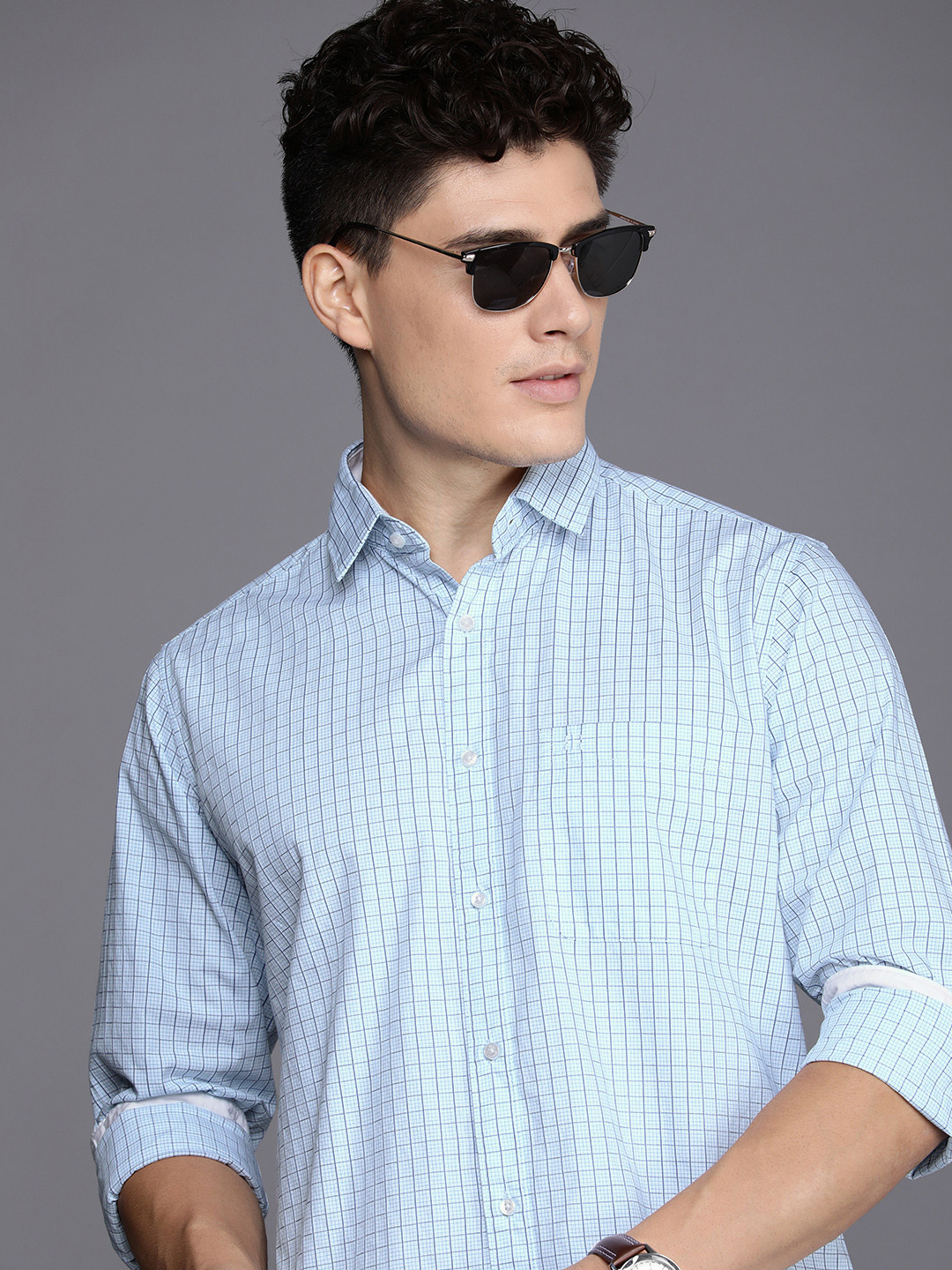 

Raymond Slim Fit Checked Pure Cotton Casual Shirt, Blue