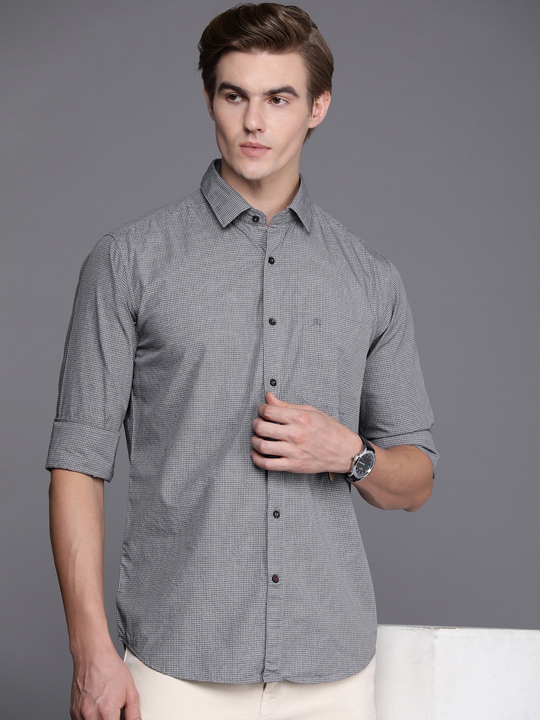

Raymond Slim Fit Micro Checked Pure Cotton Casual Shirt, Black