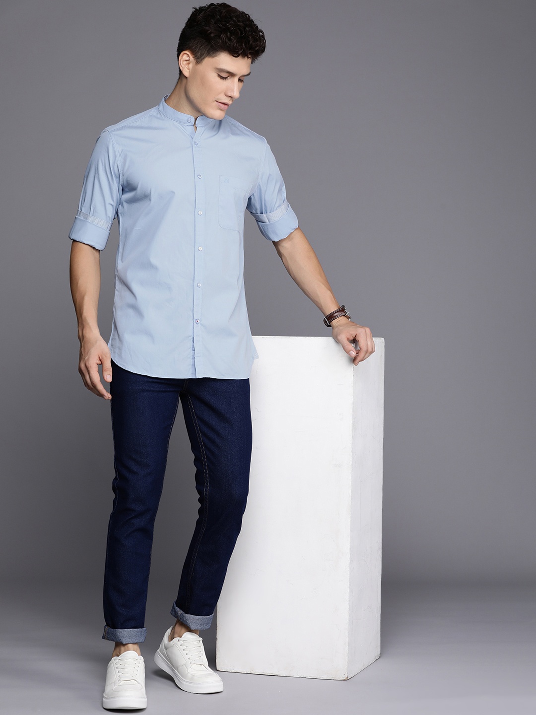 

Raymond Solid Mandarin-Collar Slim Fit Pure Cotton Casual Shirt, Blue