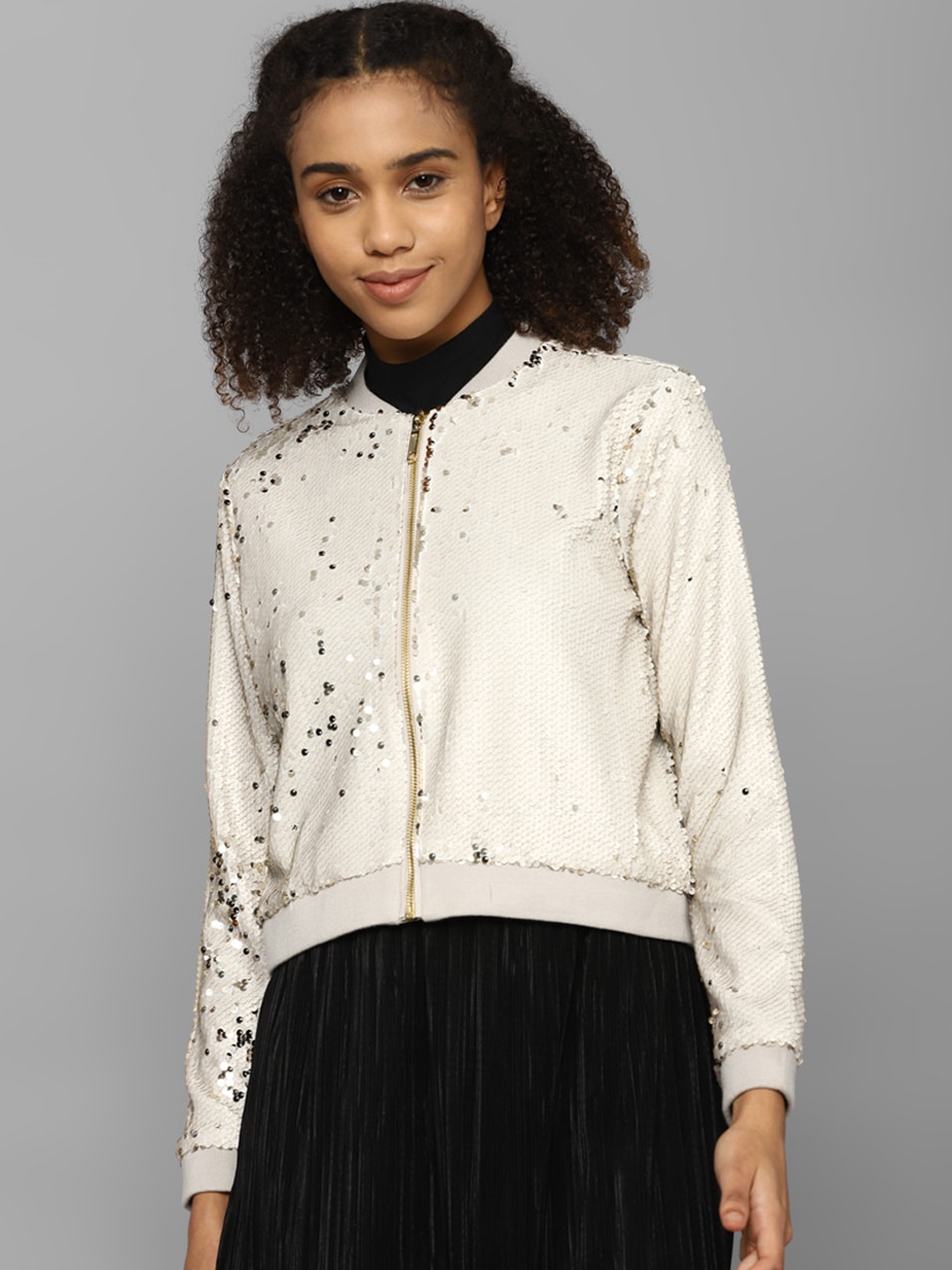 

Allen Solly Woman Stand Collar Sequined Crop Bomber Jacket, Cream