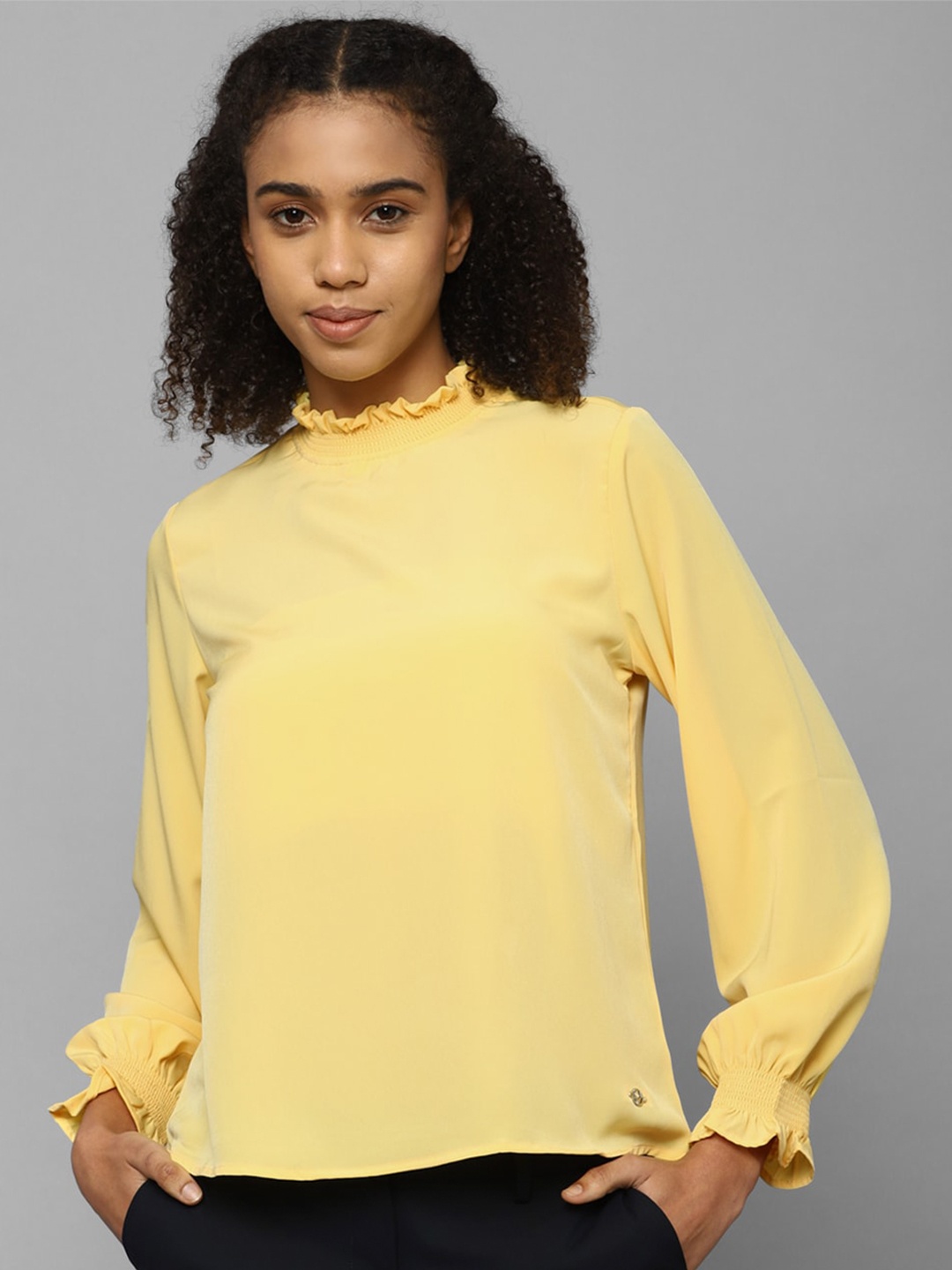 

Allen Solly Woman High Neck Cuffed Sleeve Woven Top, Yellow