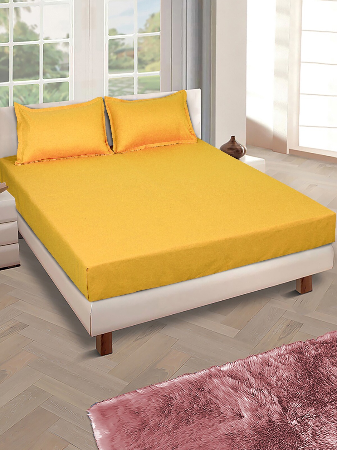 

ROMEE Yellow 150 TC Queen Microfiber Bedsheet With 2 Pillow Covers