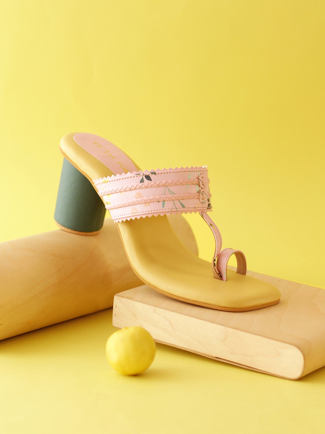 

TIC TAC TOE Printed Open One Toe Block Heels, Yellow