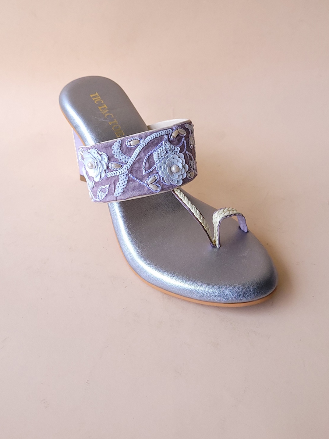 

TIC TAC TOE Embellsihed Open Toe Block Heels, Mauve