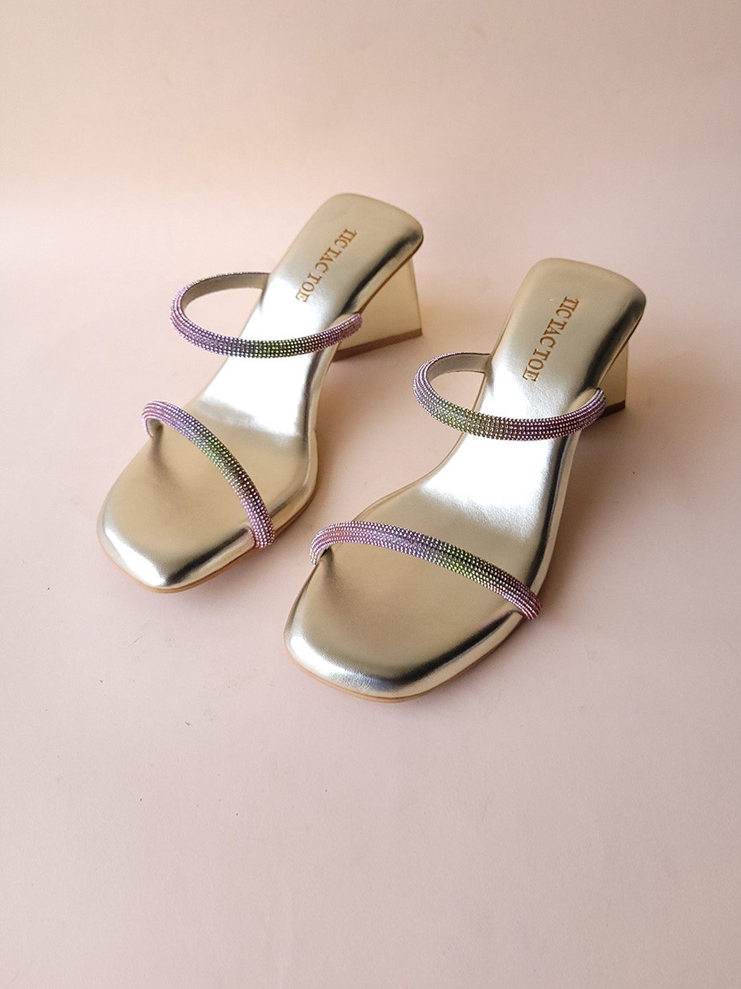 

TIC TAC TOE Embellished Open Toe Block Heels, Gold