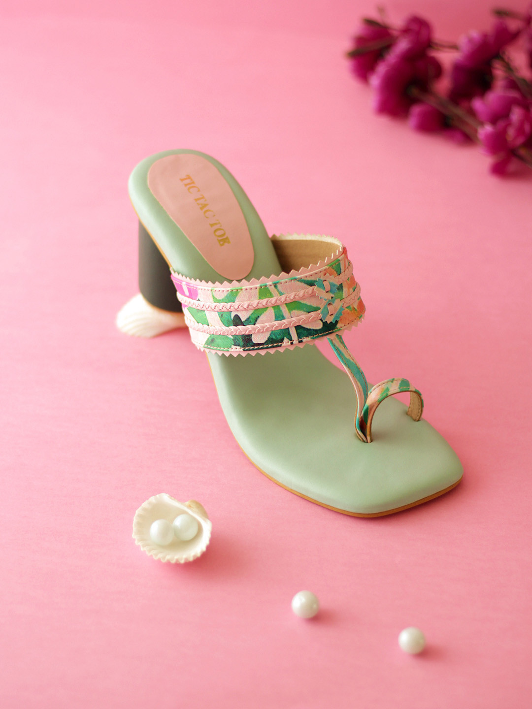 

TIC TAC TOE Printed Open One Toe Block Heels, Sea green