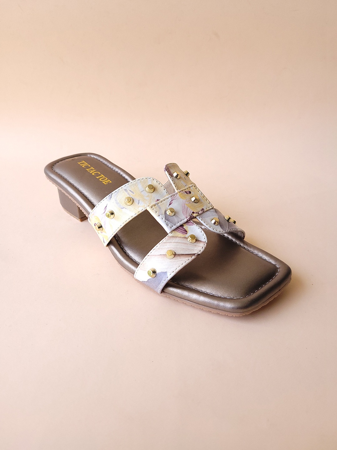 

TIC TAC TOE Embellished Printed Open Toe Block Heels, Bronze
