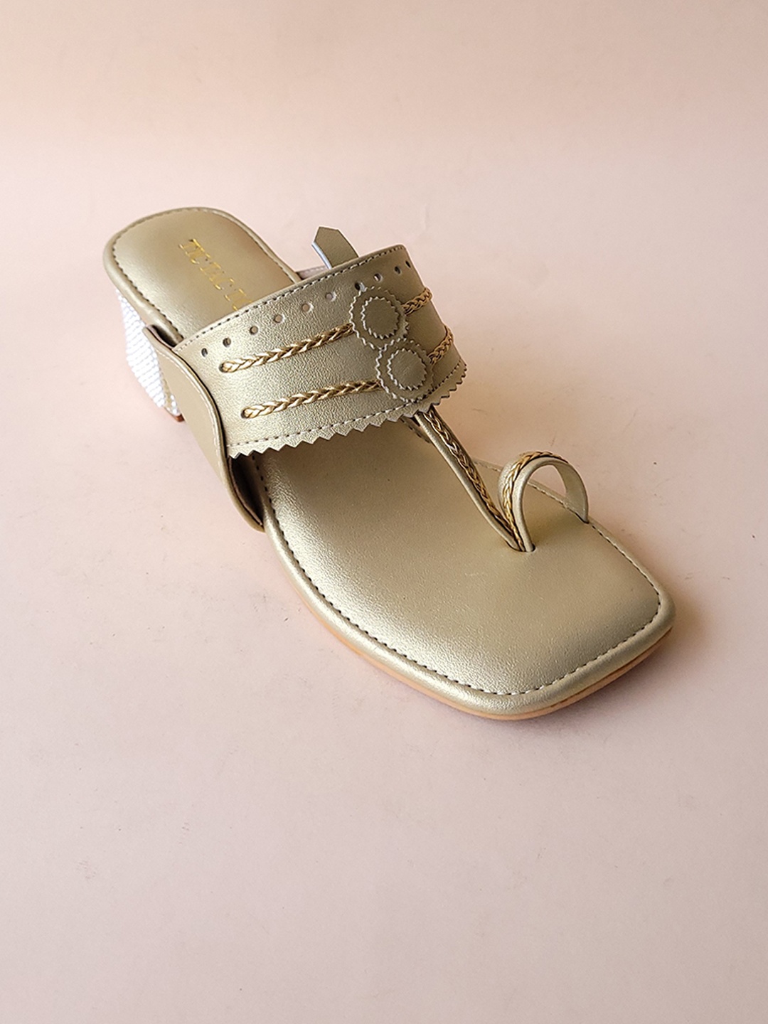 

TIC TAC TOE Open Toe Block Heels, Gold