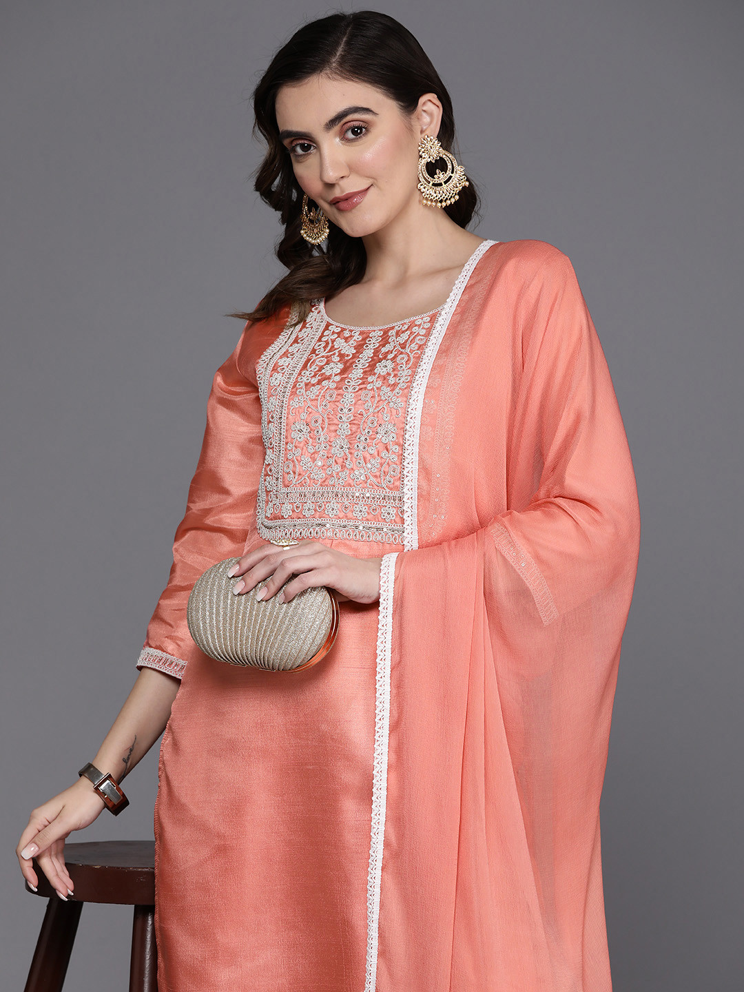 

Indo Era Floral Embroidered Sequinned Chanderi Silk Kurta with Trousers & Dupatta, Peach