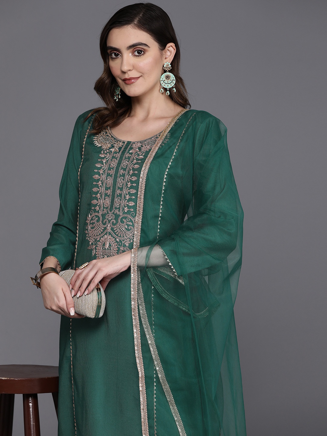 

Indo Era Ethnic Motifs Embroidered Panelled Liva Kurta with Trousers & Dupatta, Green