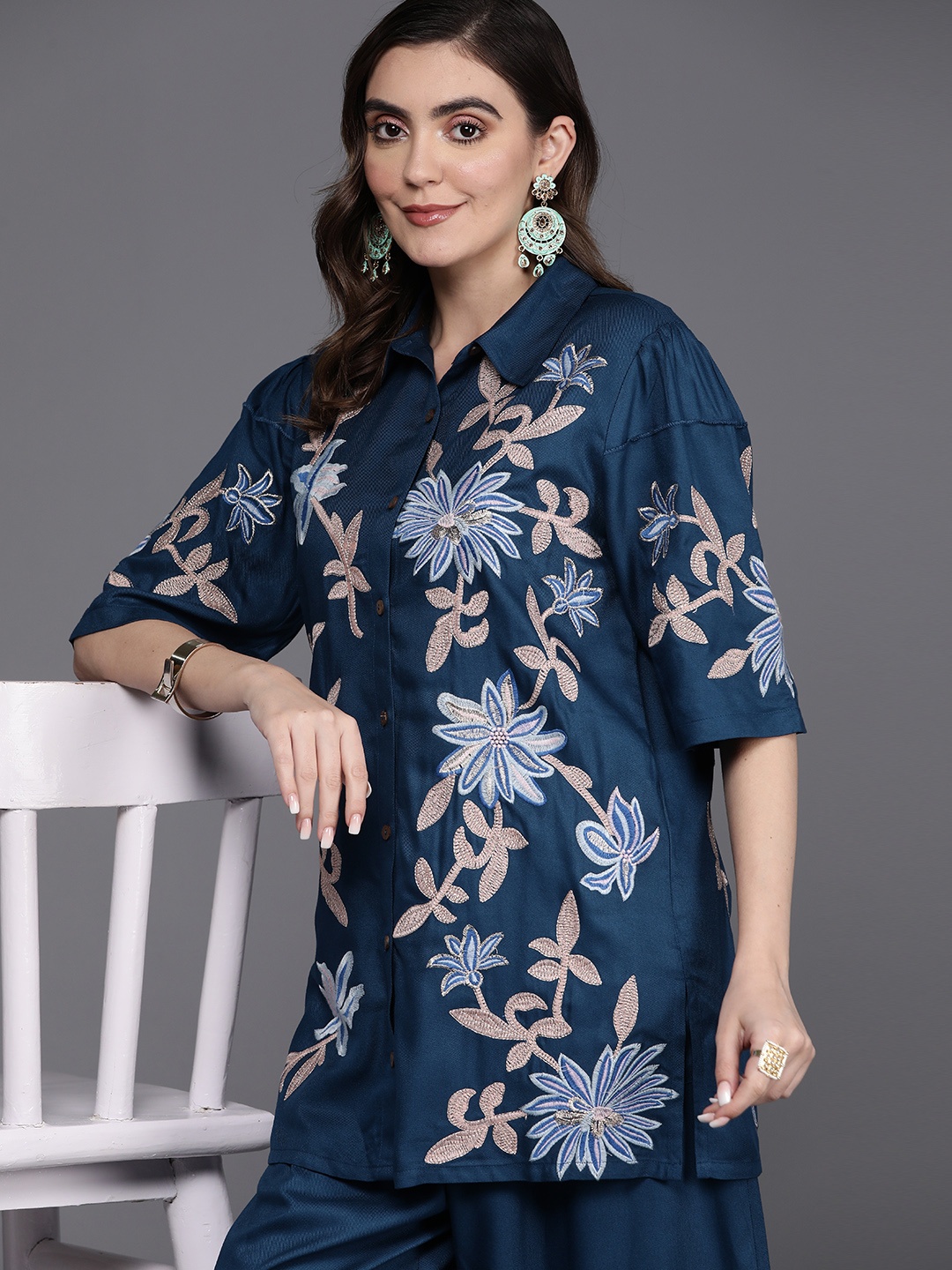 

Indo Era Women Embroidered A-Line Co-Ords, Blue