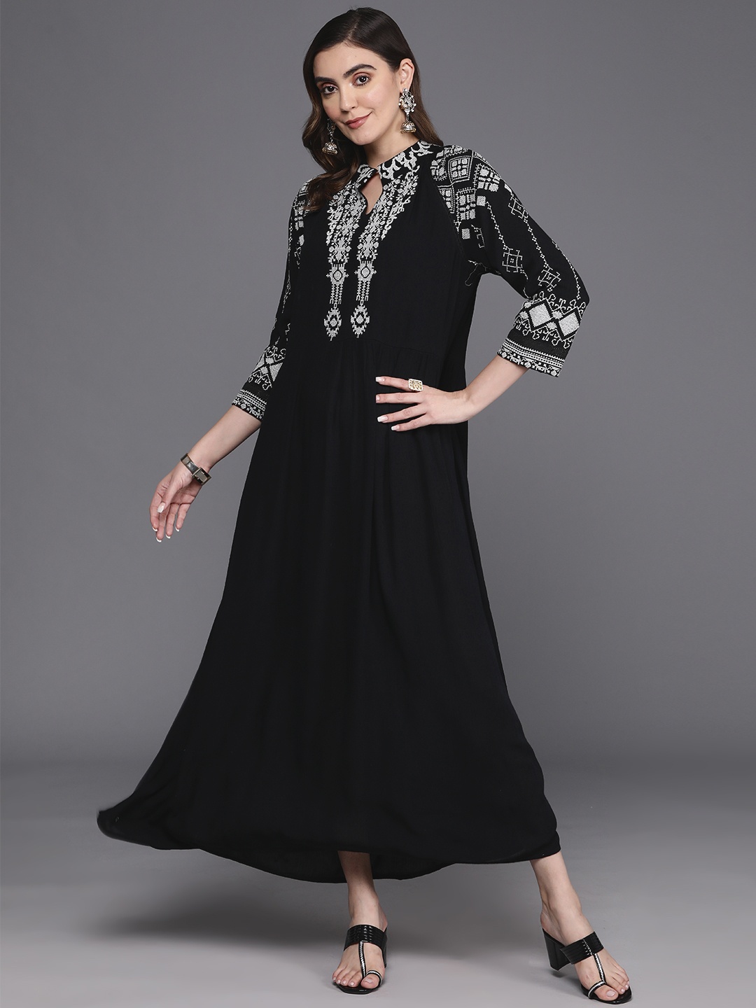 

Indo Era Embroidered Formal A-Line Maxi Dress, Black
