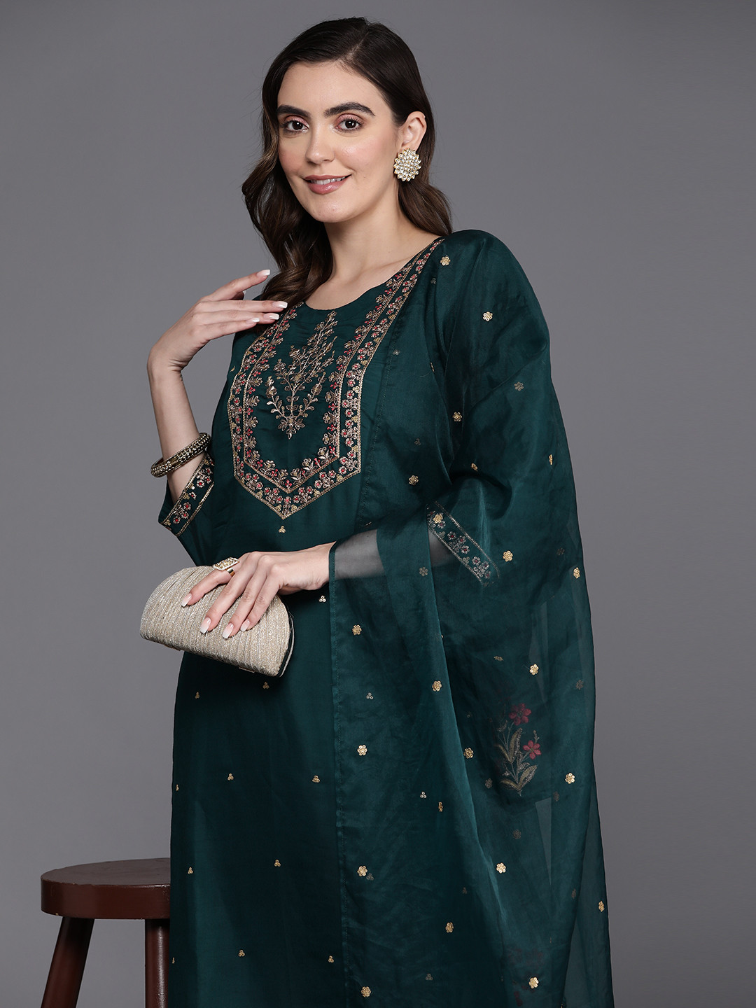 

Indo Era Floral Embroidered Regular Kurta with Trousers & Dupatta, Blue