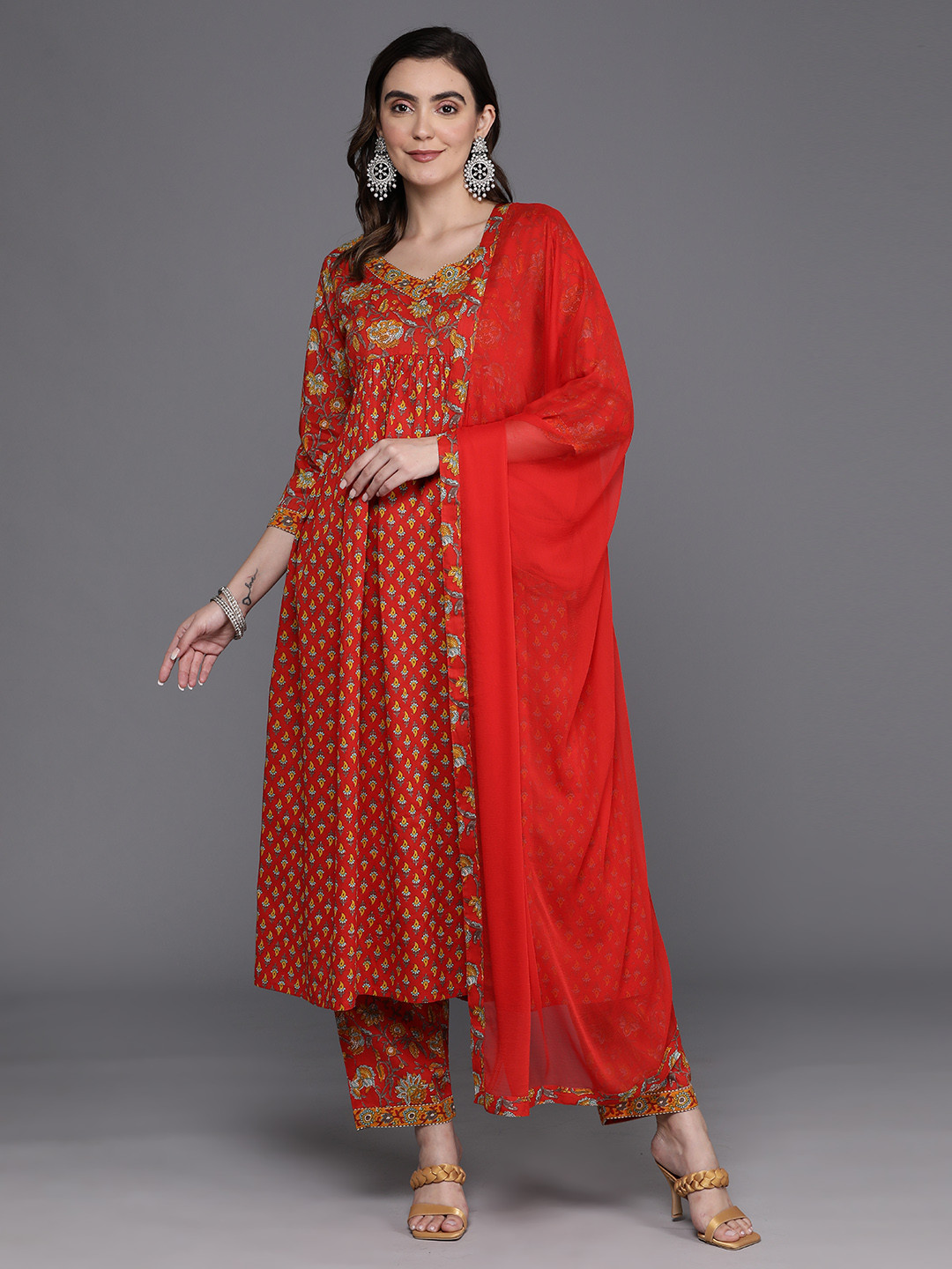 

Indo Era Floral Printed Empire Pure Cotton Kurta with Trousers & Dupatta, Red