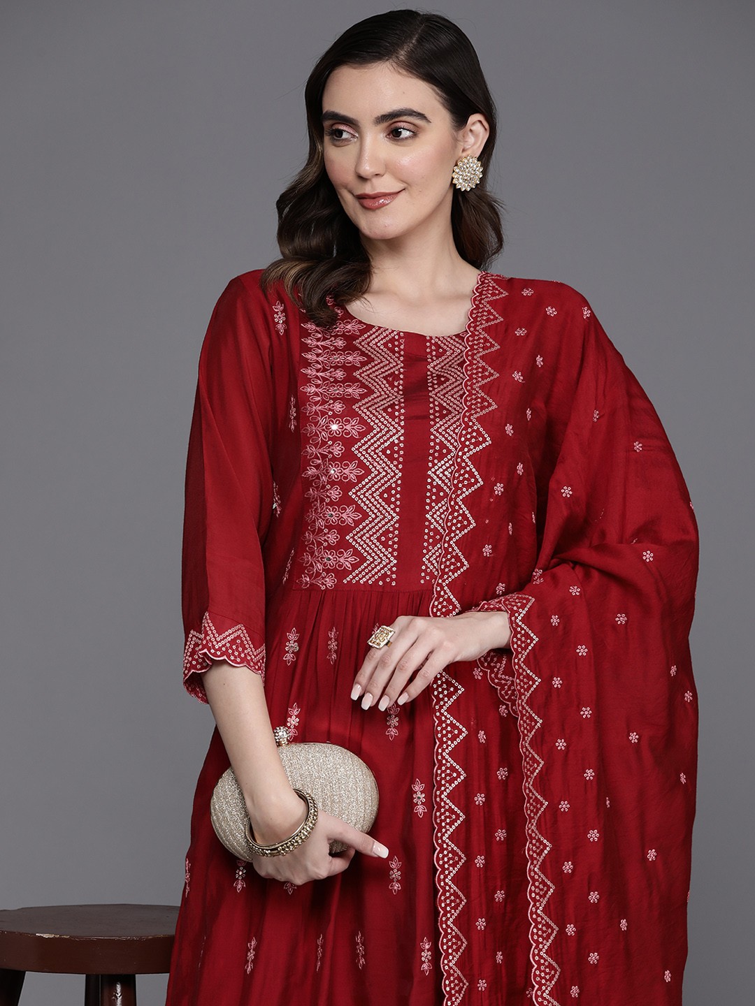 

Indo Era Ethnic Motifs Embroidered Panelled Sequinned Kurta with Trousers & Dupatta, Red