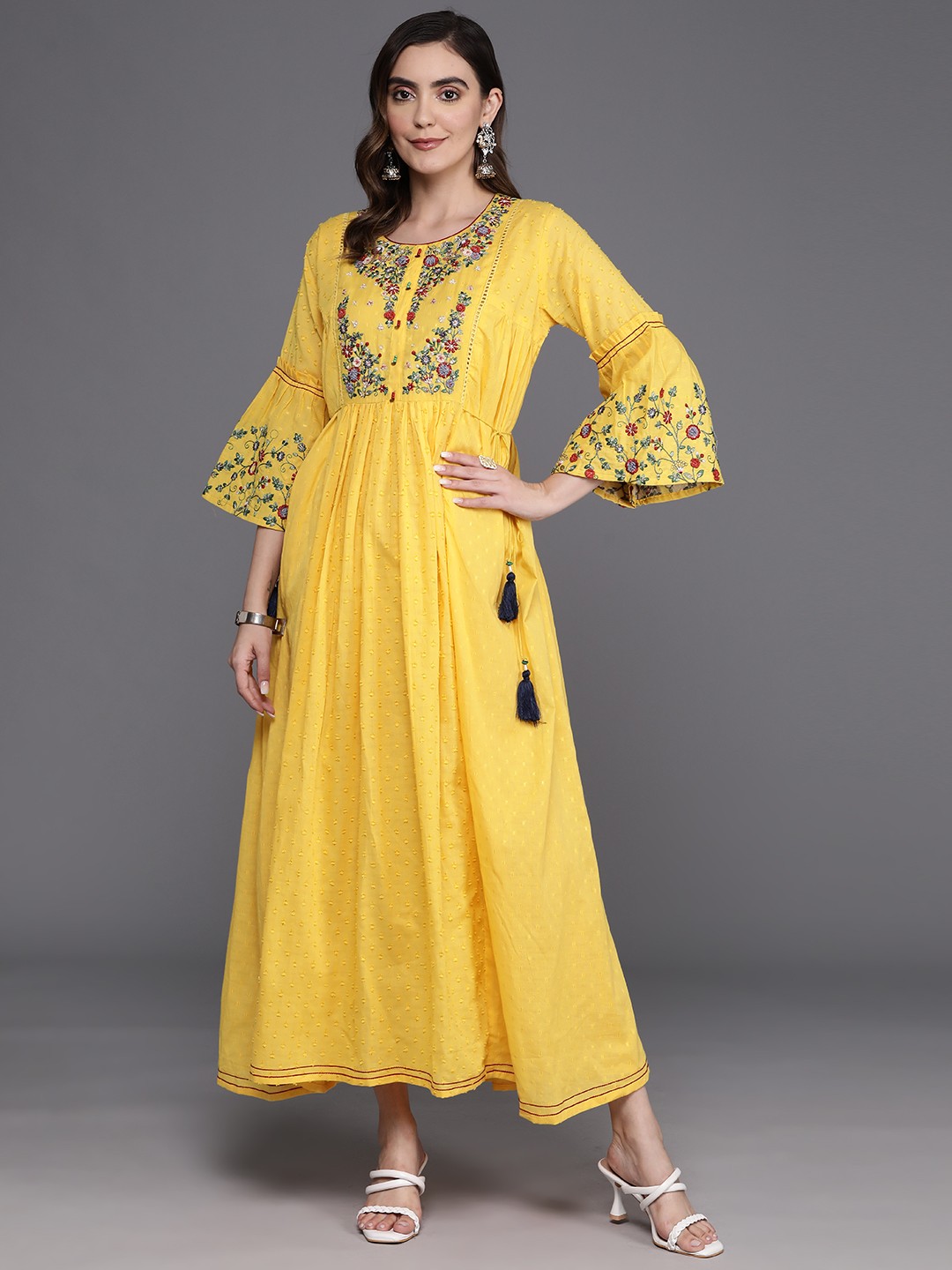 

Indo Era Floral Embroidered Bell Sleeve Fit & Flare Maxi Ethnic Dress, Yellow