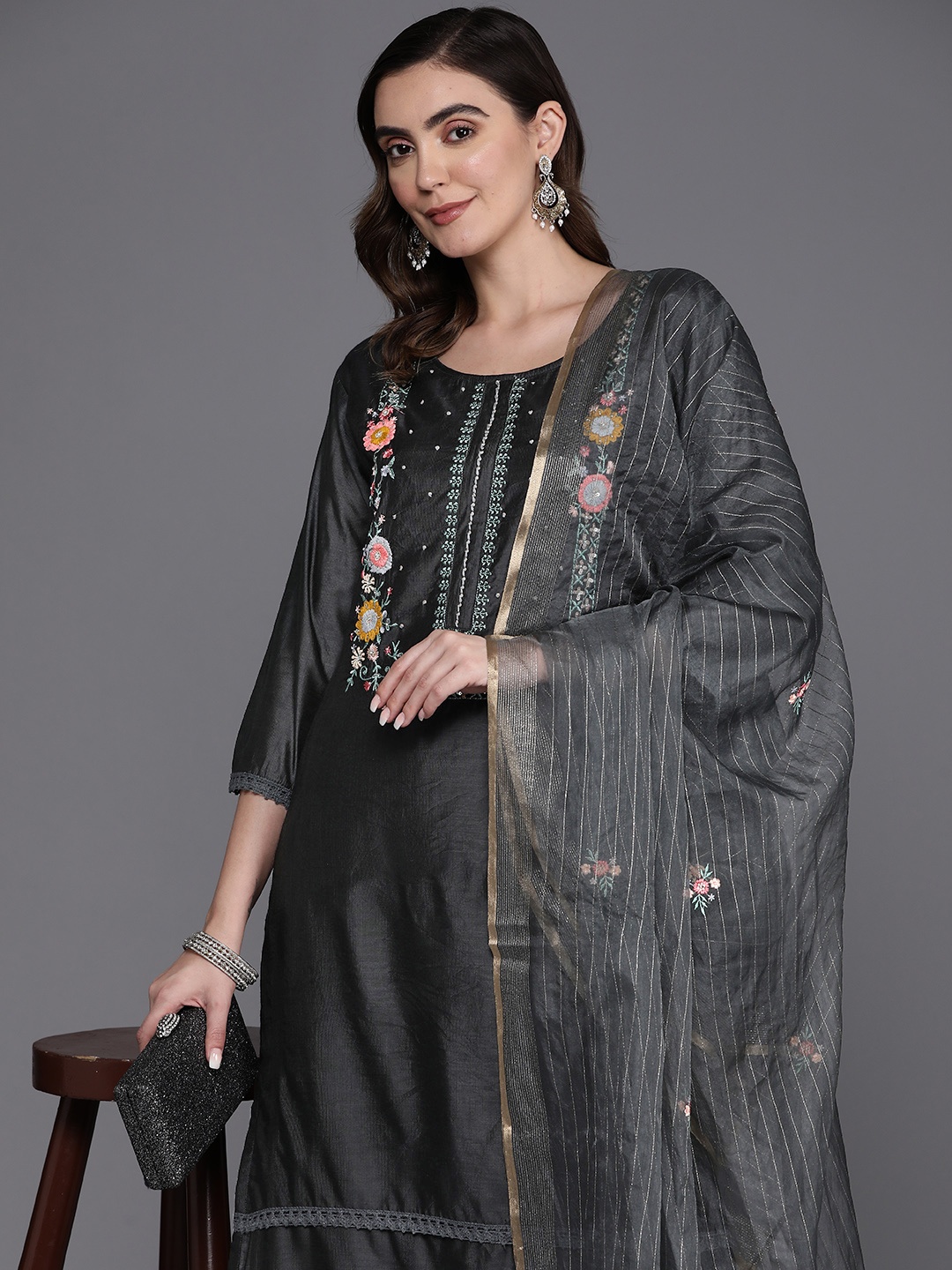 

Indo Era Floral Embroidered Thread Work Kurta with Trousers & Dupatta, Grey