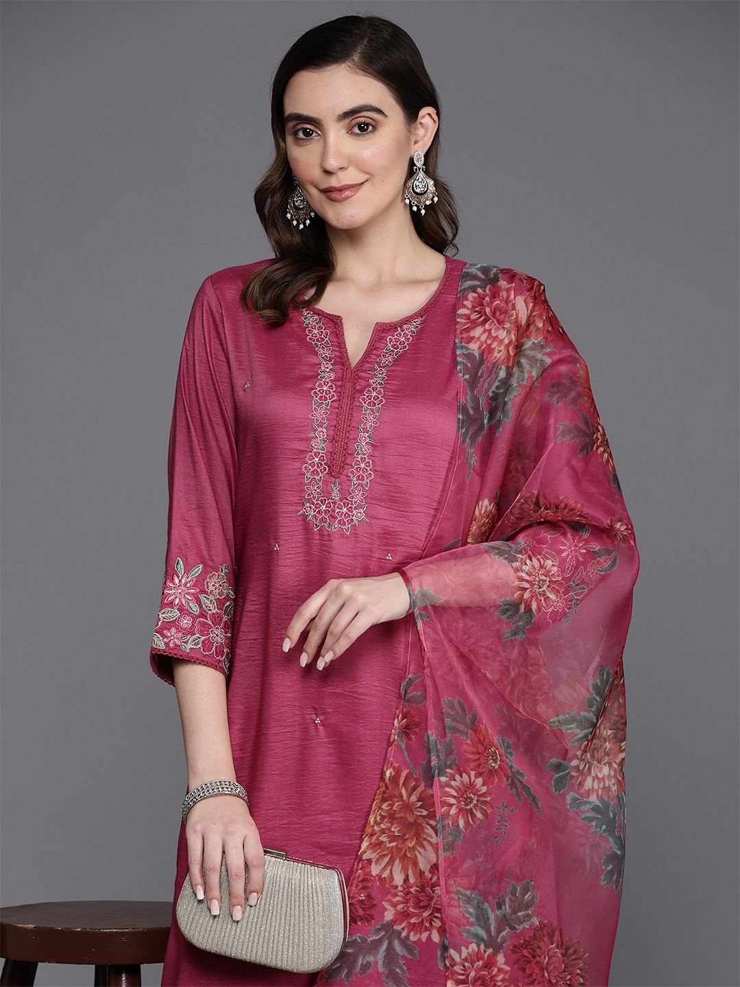 

Indo Era Floral Embroidered Thread Work Kurta with Trousers & Dupatta, Pink